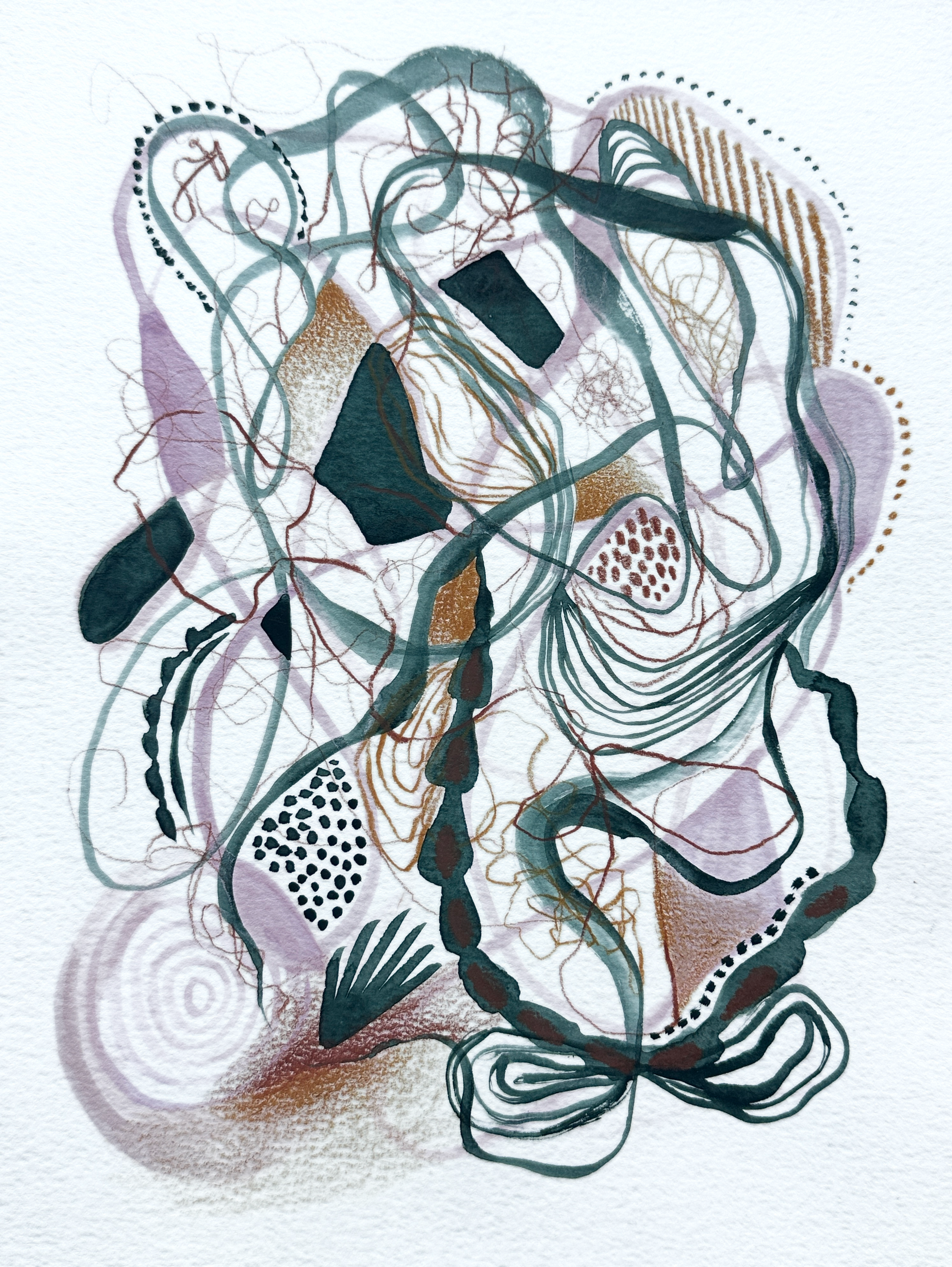 Abstract mixed media artwork with tangled lines, geometric shapes, and textured patterns in shades of black, gold, purple, and green on a white paper background.