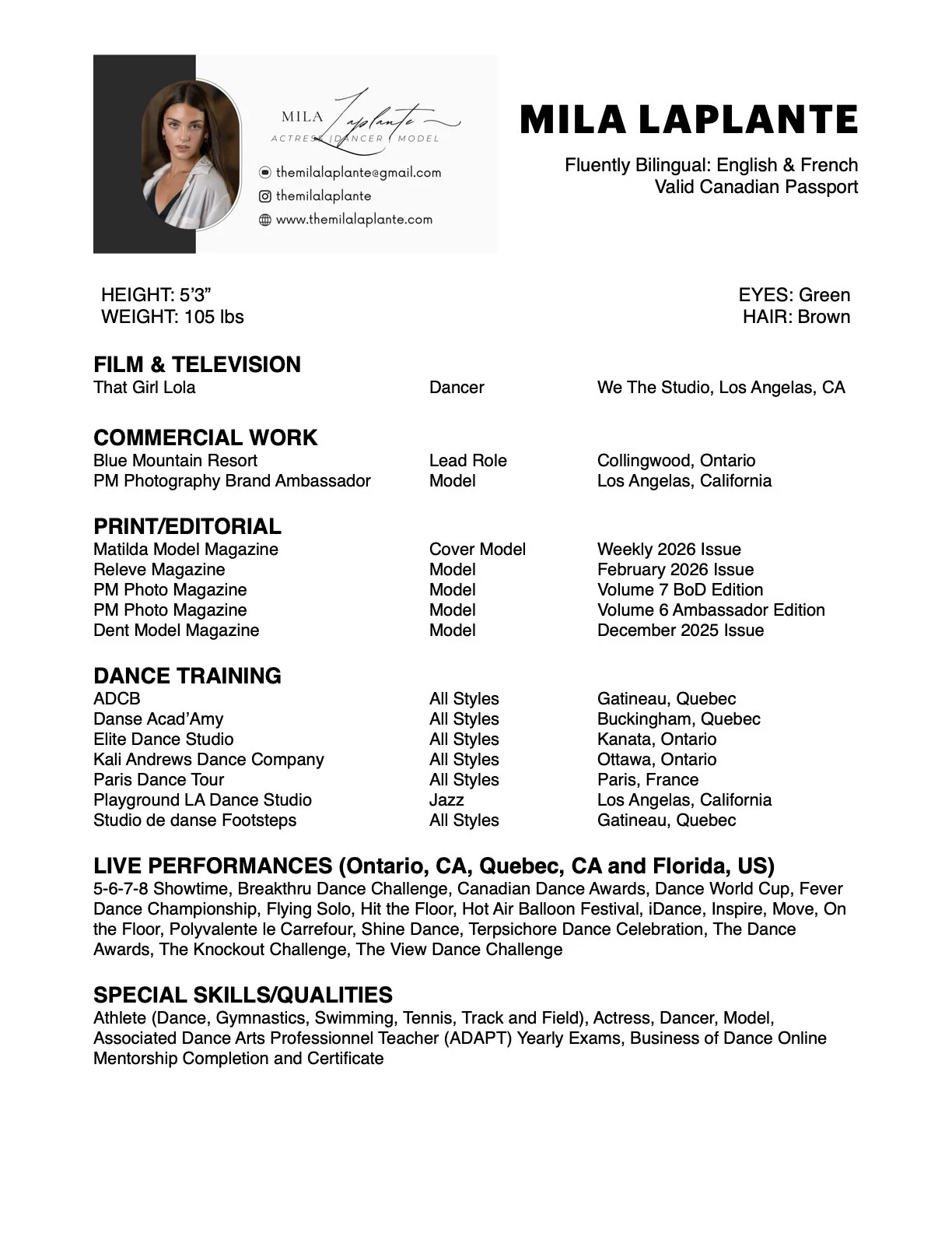 Resume of Mila Laplante, a bilingual actress, dancer, and model, featuring her contact info, physical stats, and career highlights in film, television, commercial work, print, dance training, live performances, and special skills.