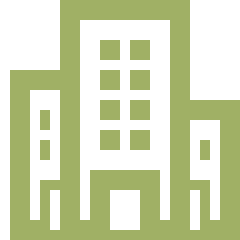 Outline of a tall office building with windows, flanked by two shorter structures.