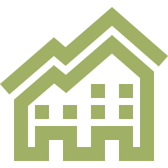 A line graph with upward trending lines overlapping a silhouette of a house, representing real estate growth or housing market analysis.