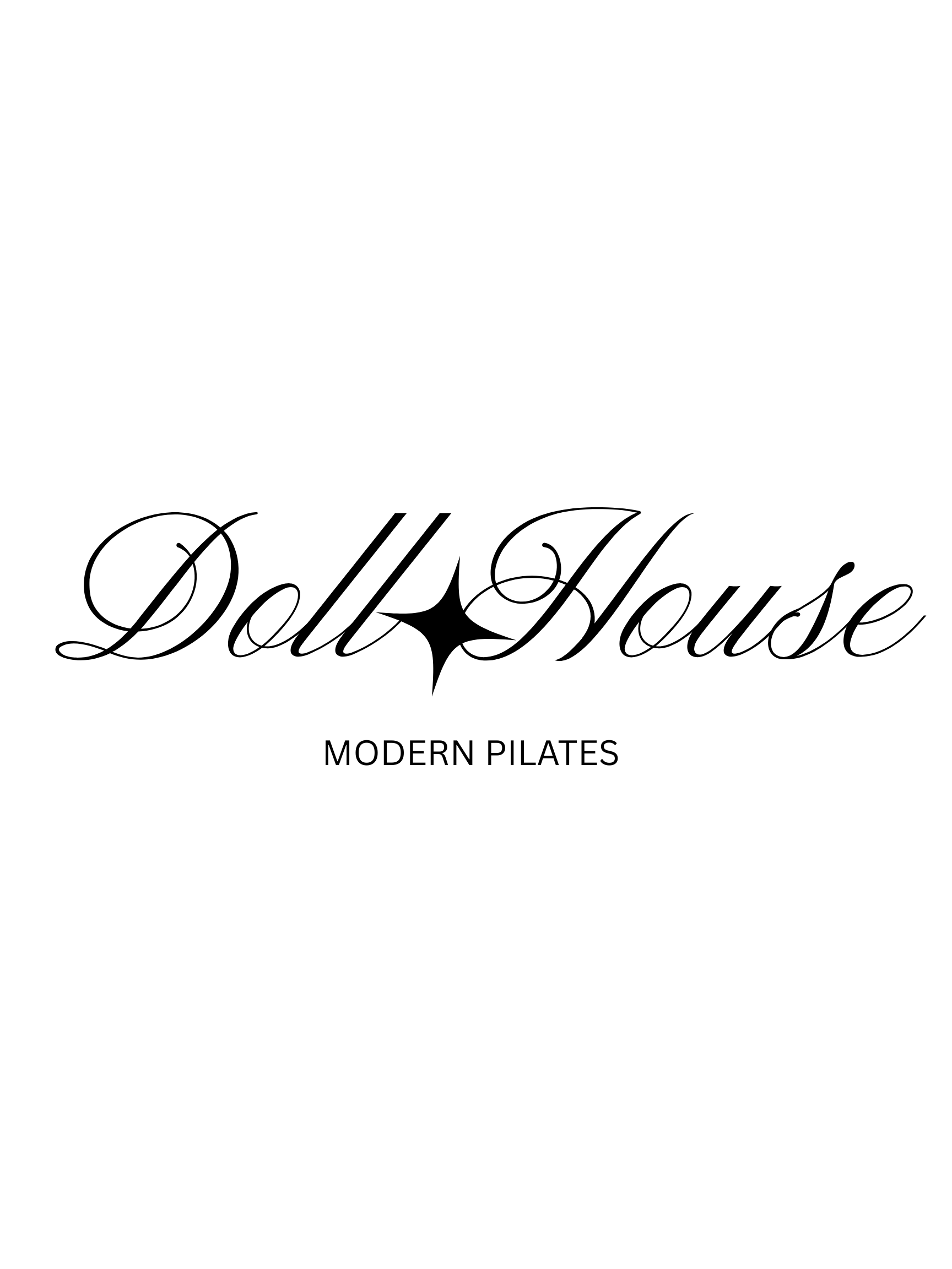 Logo for DollHouse Modern Pilates with elegant black script and star symbol on a white background.