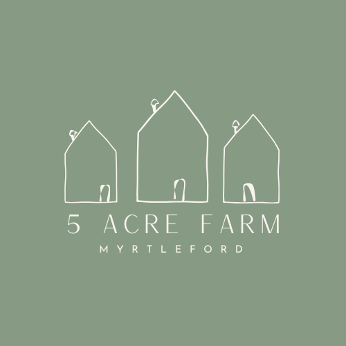Logo for 5 Acre Farm in Myrtleford, featuring three simplified house illustrations on a green background.