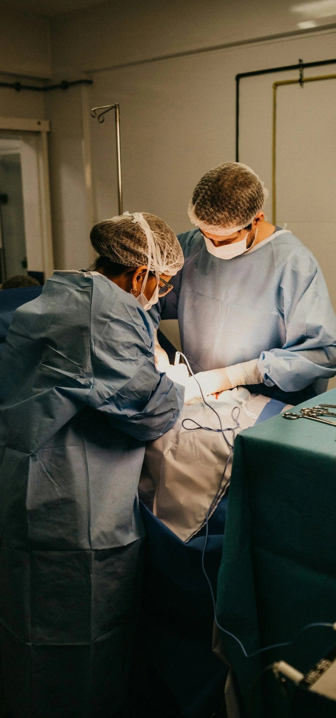 Two advanced veterinary surgeons from Stifle Surgeons in scrubs, hair covers, and masks performing TPLO surgery for cruciate rupture or an internal fracture fixation in an operating room with medical equipment and surgical tools nearby.