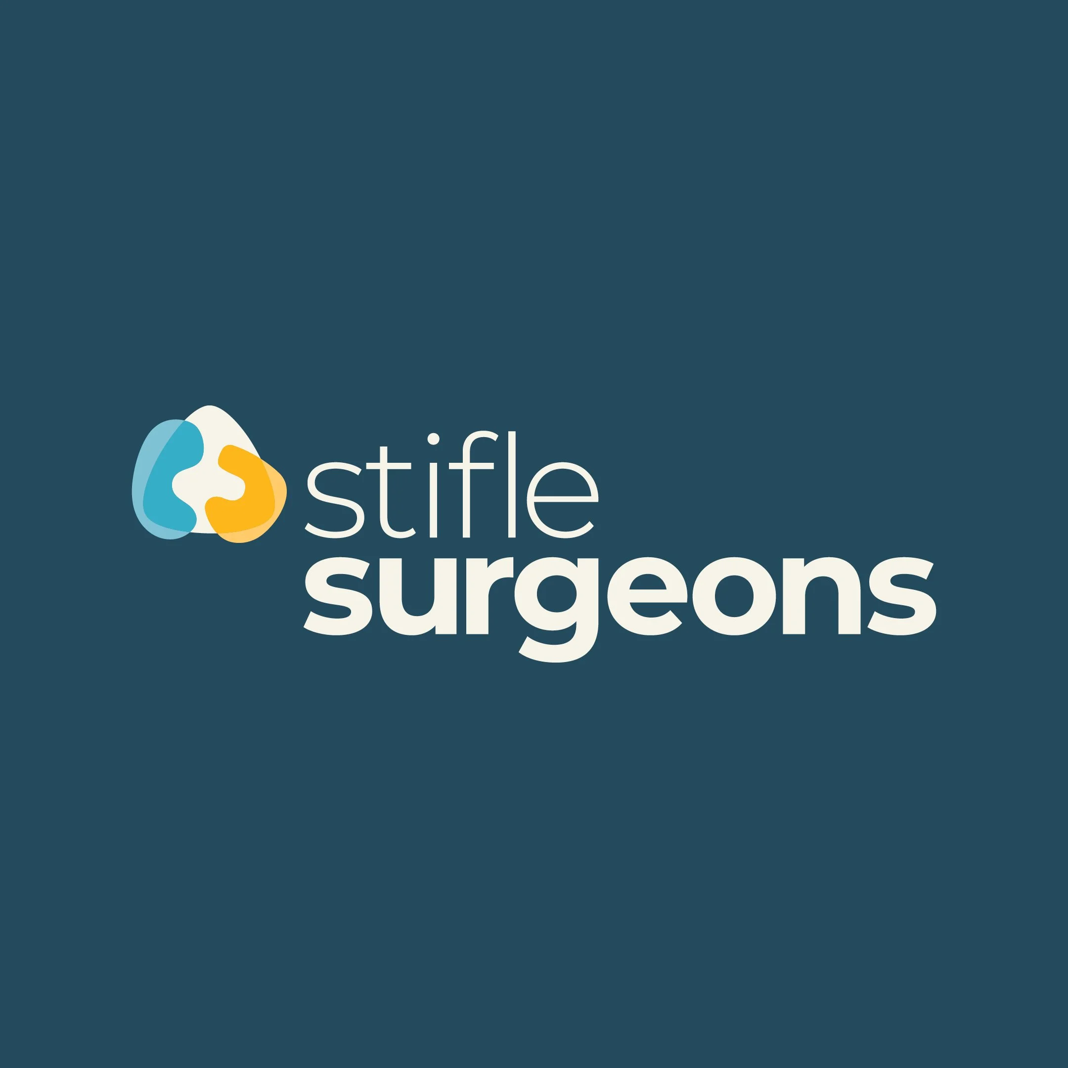 Stifle Surgeons logo with a stylised colourful cartoon image of the tibial plateau when viewed from within the stifle joint showing the anatomy of the proximal tibial condyle and its relationship to the medial meniscus and lateral meniscus.