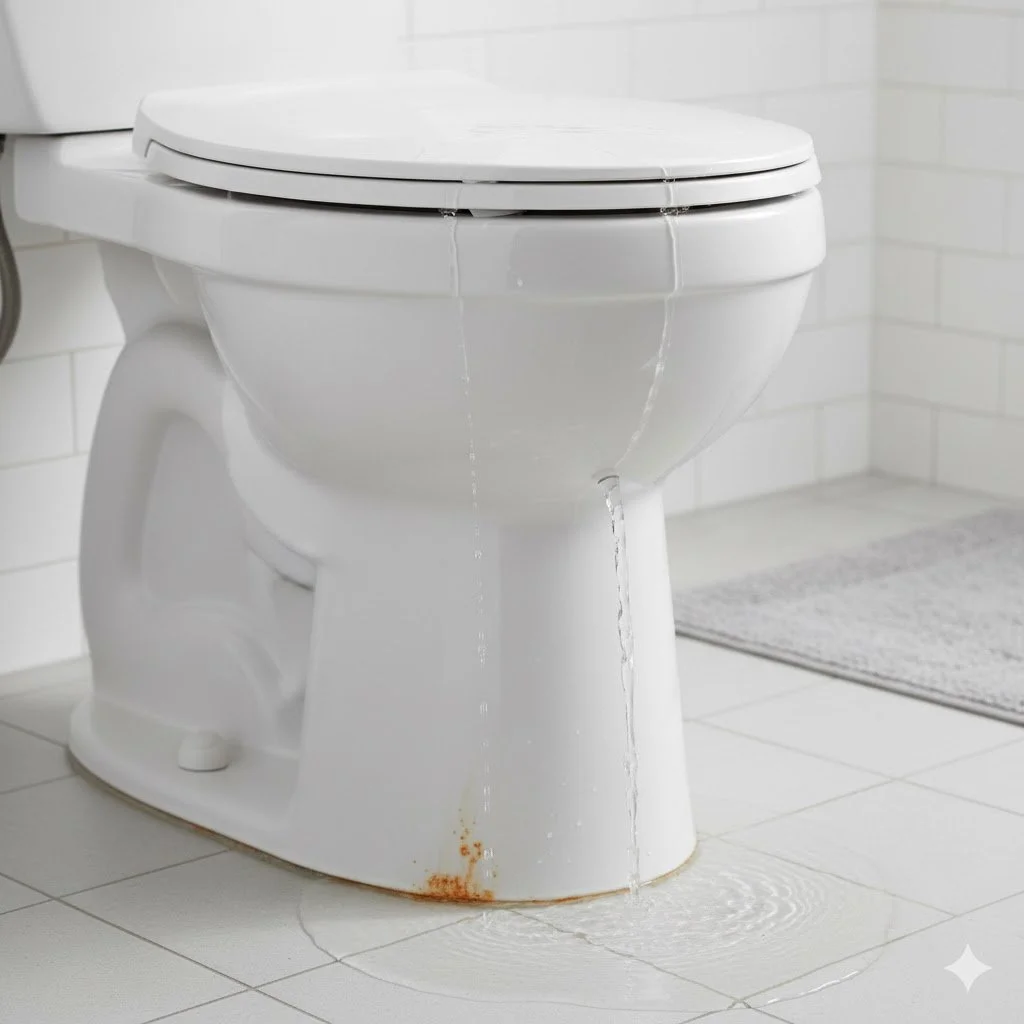 Toilet with leaking water and rust stain on the base