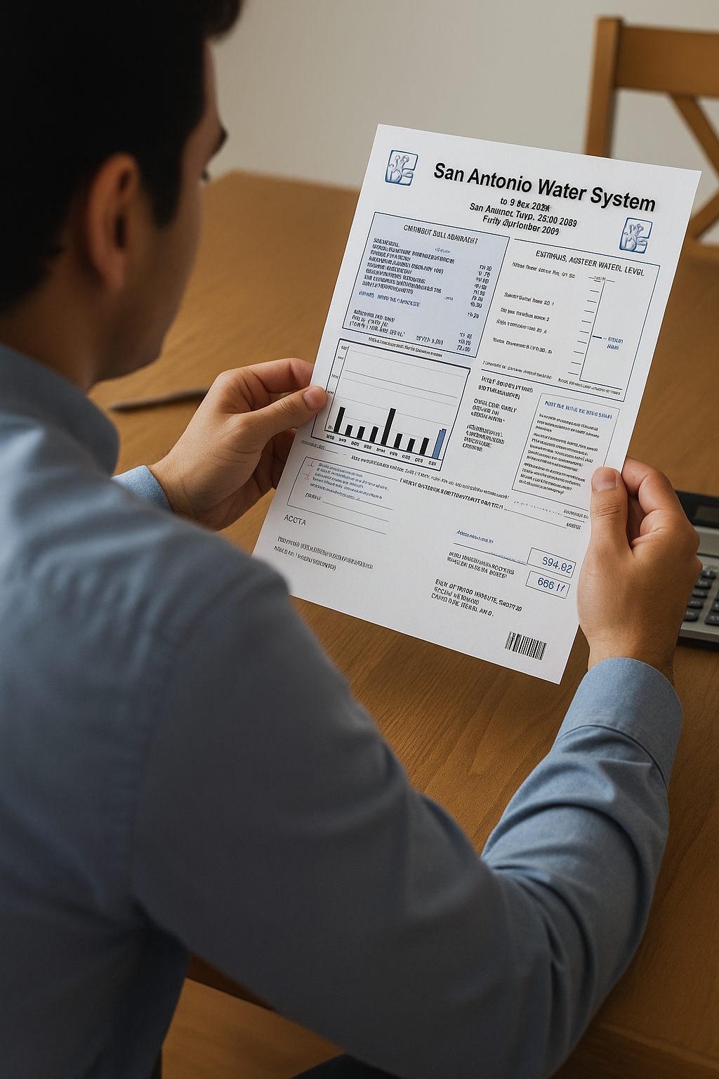 A person holding and looking at a water bill from San Antonio Water System, sitting at a wooden table with a pen and laptop nearby.