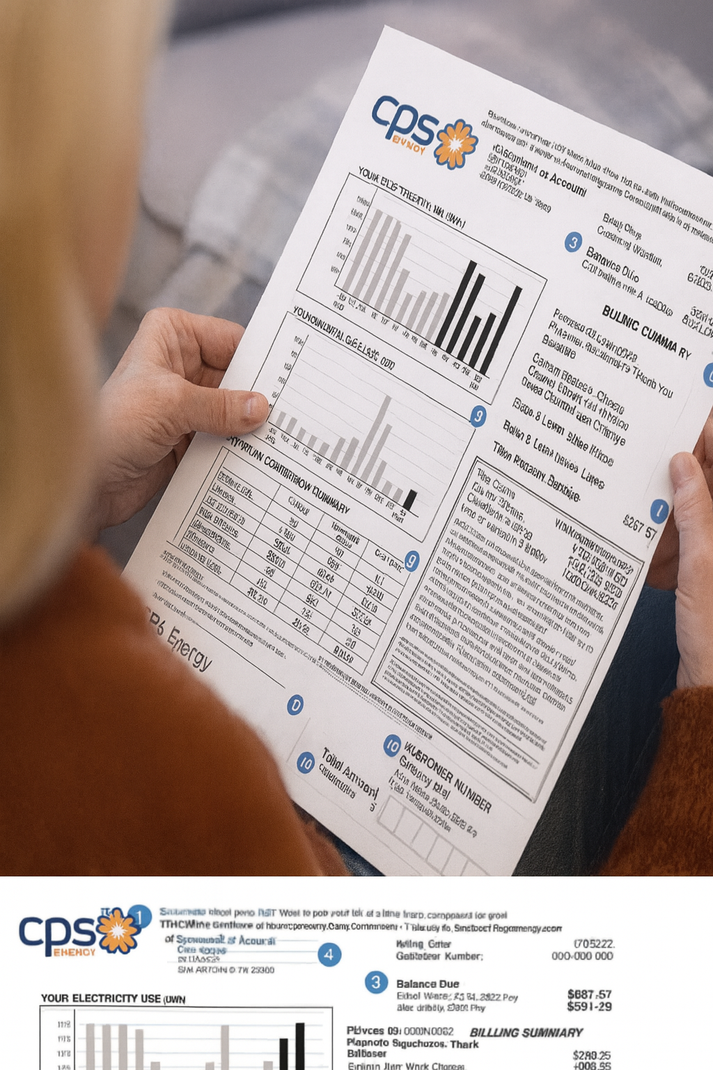 A person holding a detailed electricity bill with graphs, tables, and billing summary information from CPS Energy.