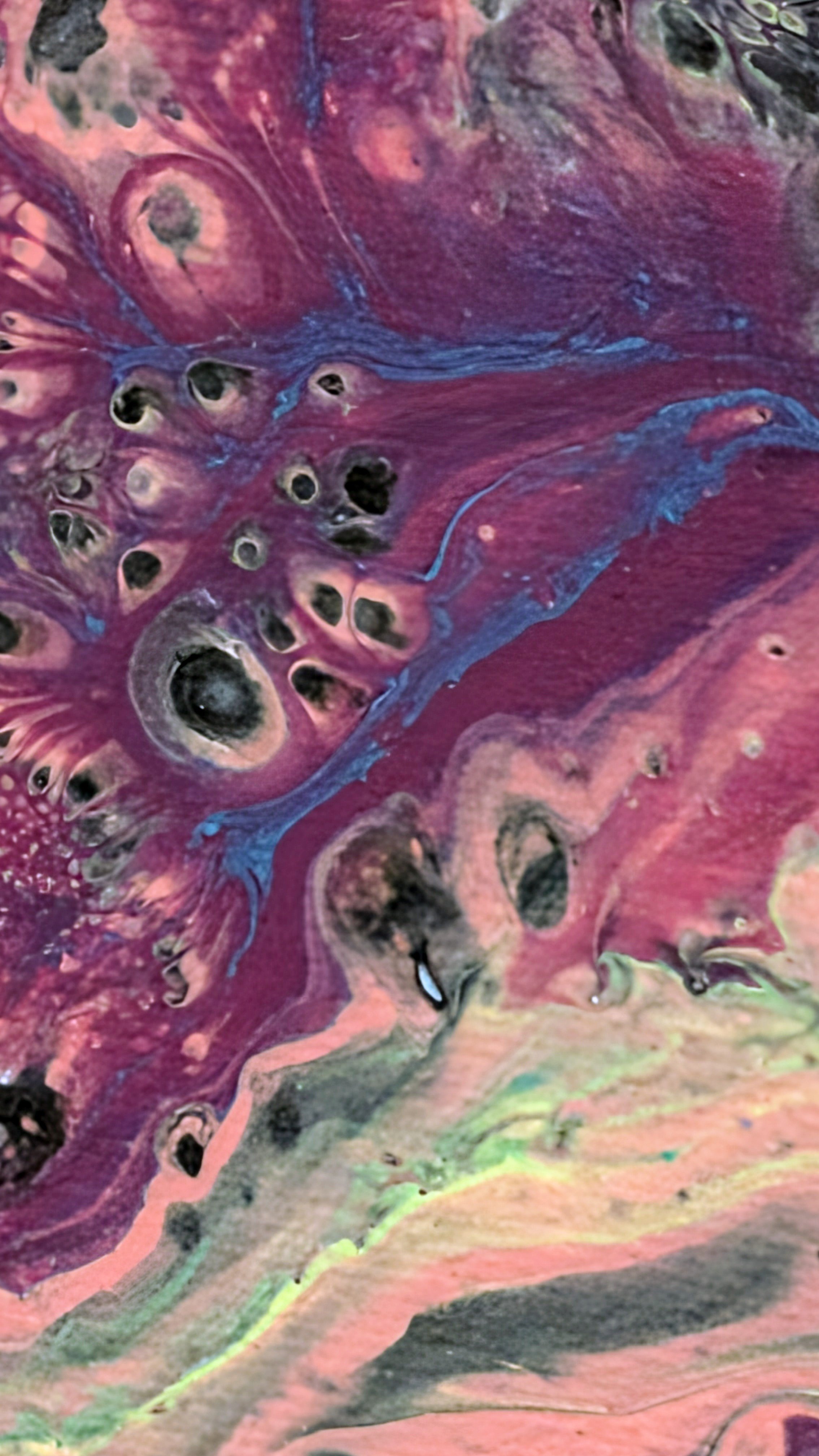 Abstract painting with swirling colors of pink, purple, blue, black, and hints of green and yellow.