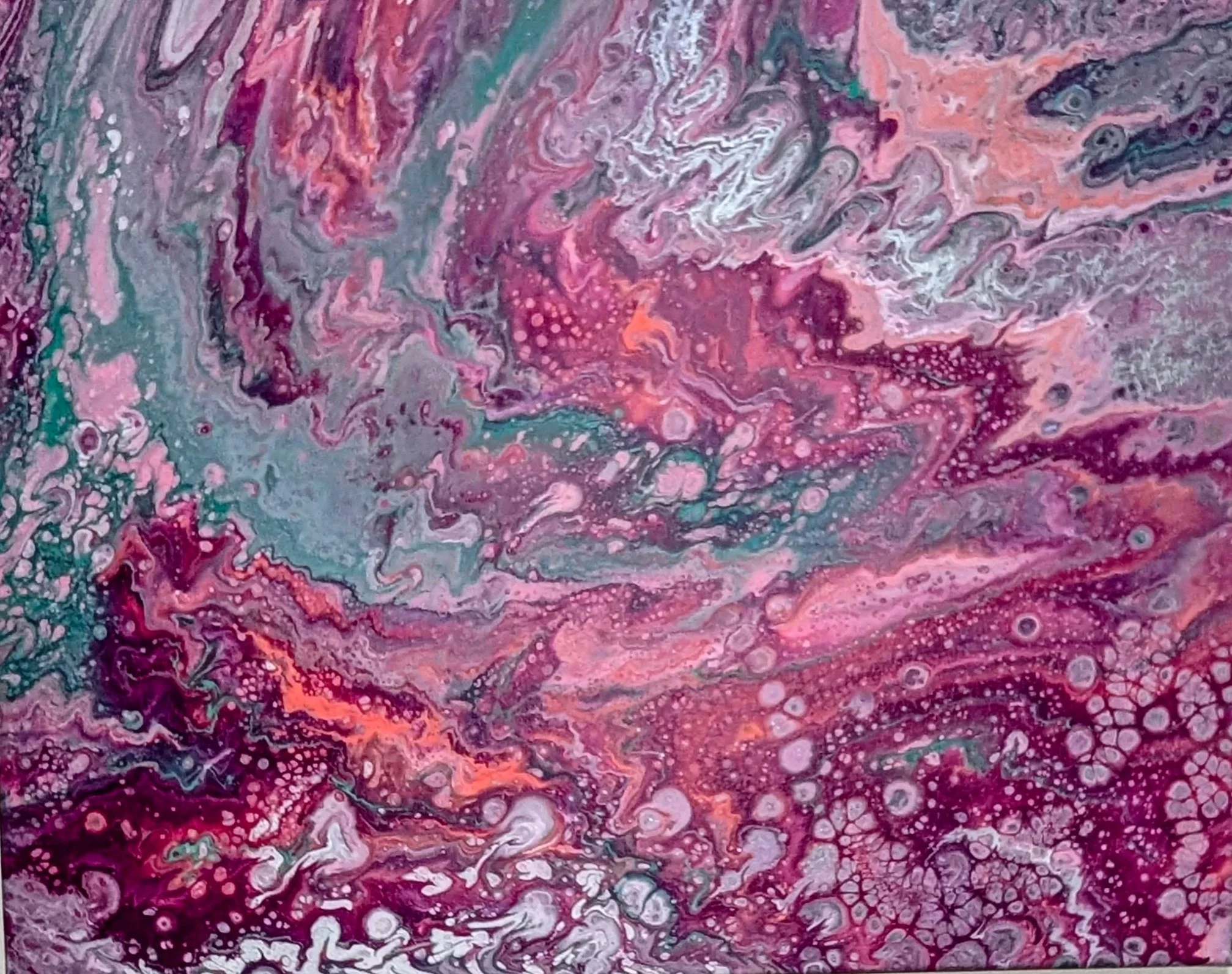 Abstract painting with swirling patterns and colors including pink, purple, teal, and white.