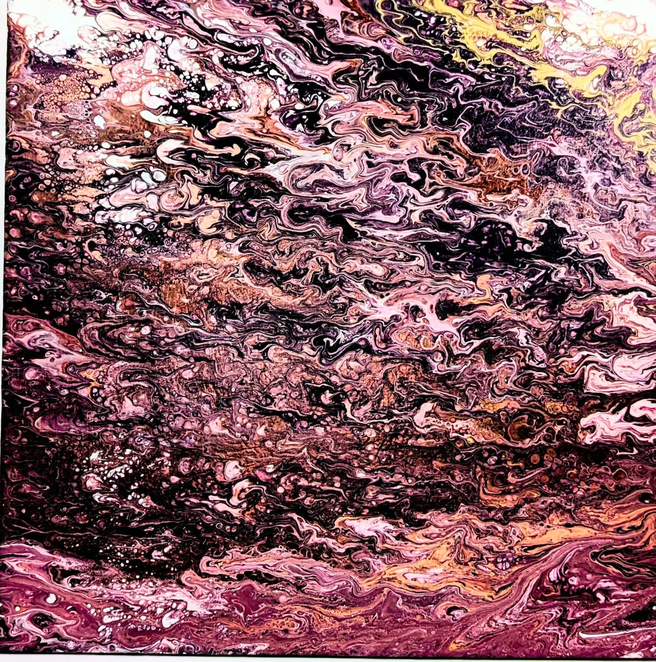 Abstract painting with swirling patterns of pink, black, white, and touches of yellow and brown.