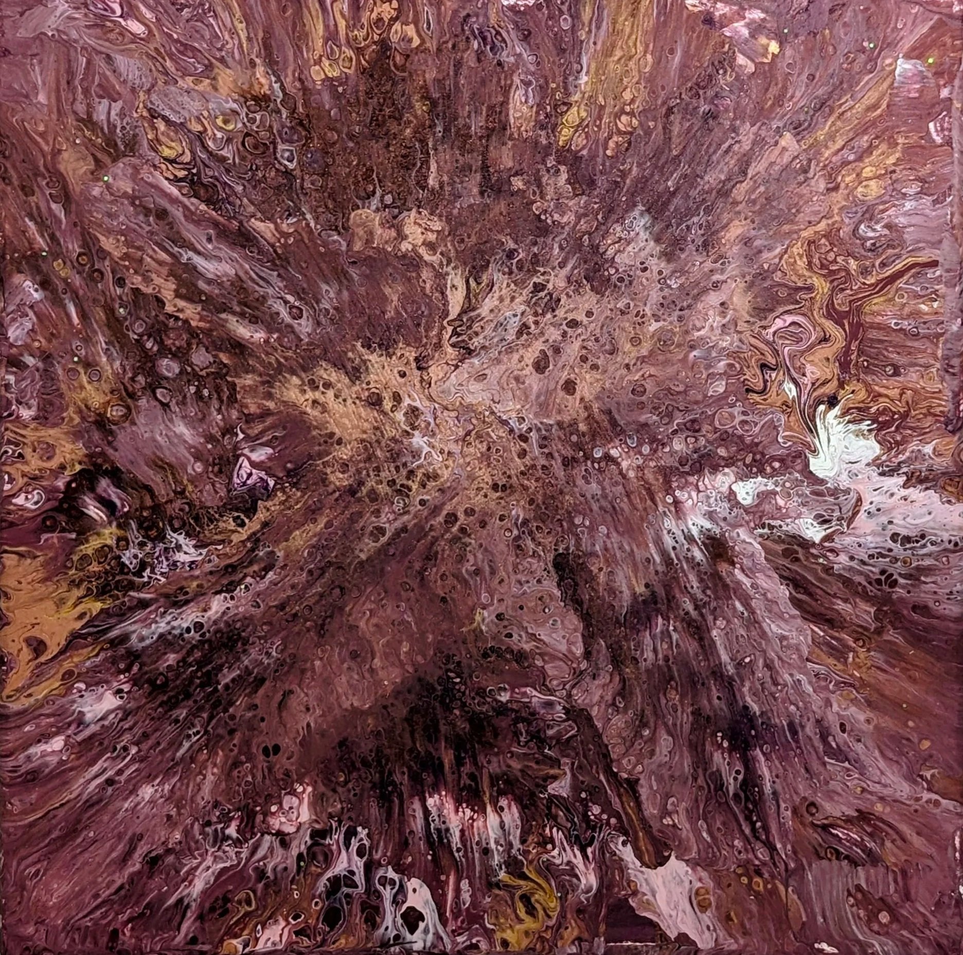 Abstract painting with swirls and splatters of purple, pink, white, and hints of gold.