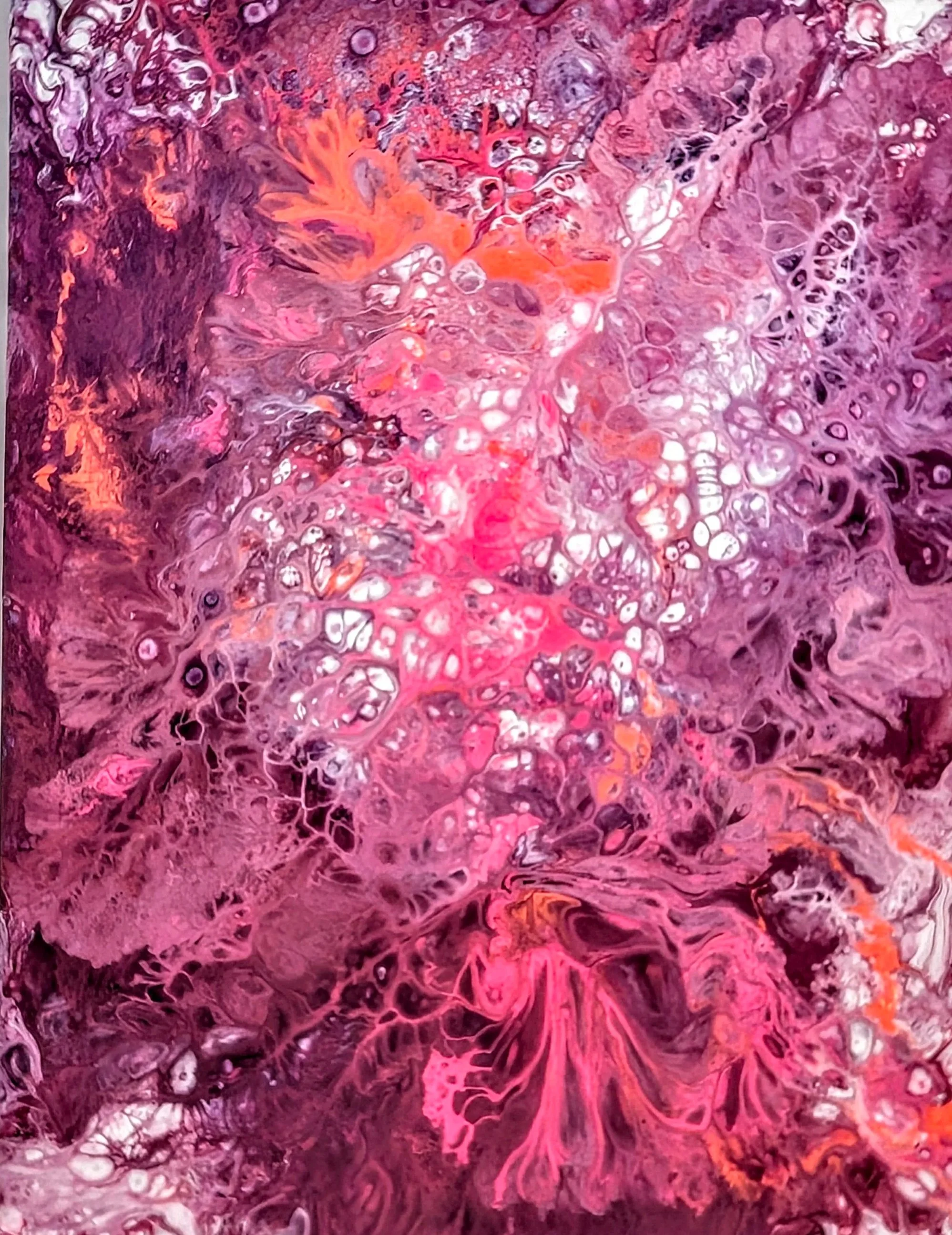 Abstract painting with shades of pink, purple, and orange with swirling, web-like patterns and bubbly textures.