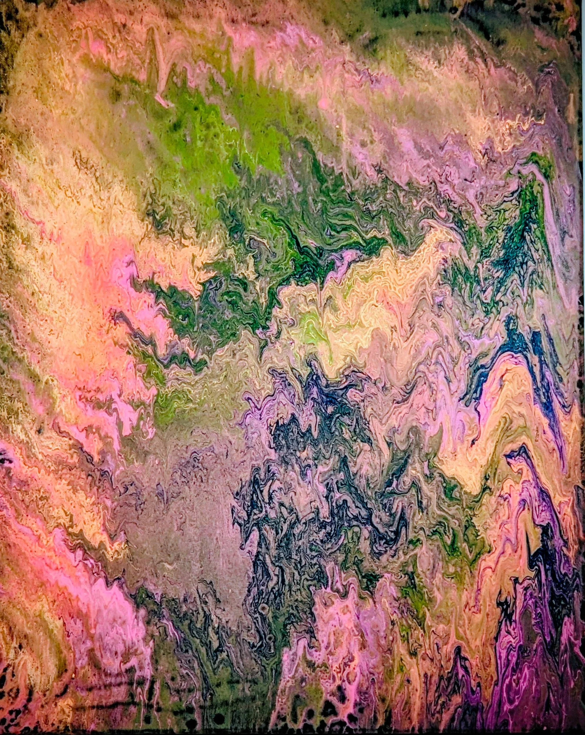 Abstract swirl of pastel pink, green, purple, and beige colors with marbled textures.