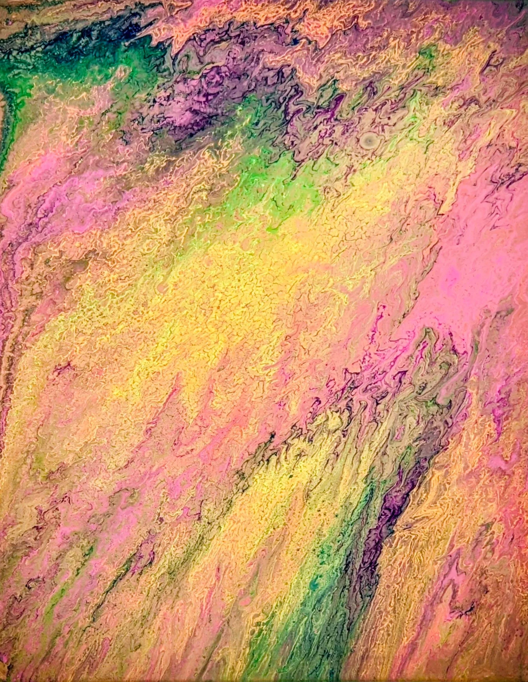 Abstract swirl of vibrant pastel colors including pink, yellow, green, purple, and blue with textured, marbled appearance.