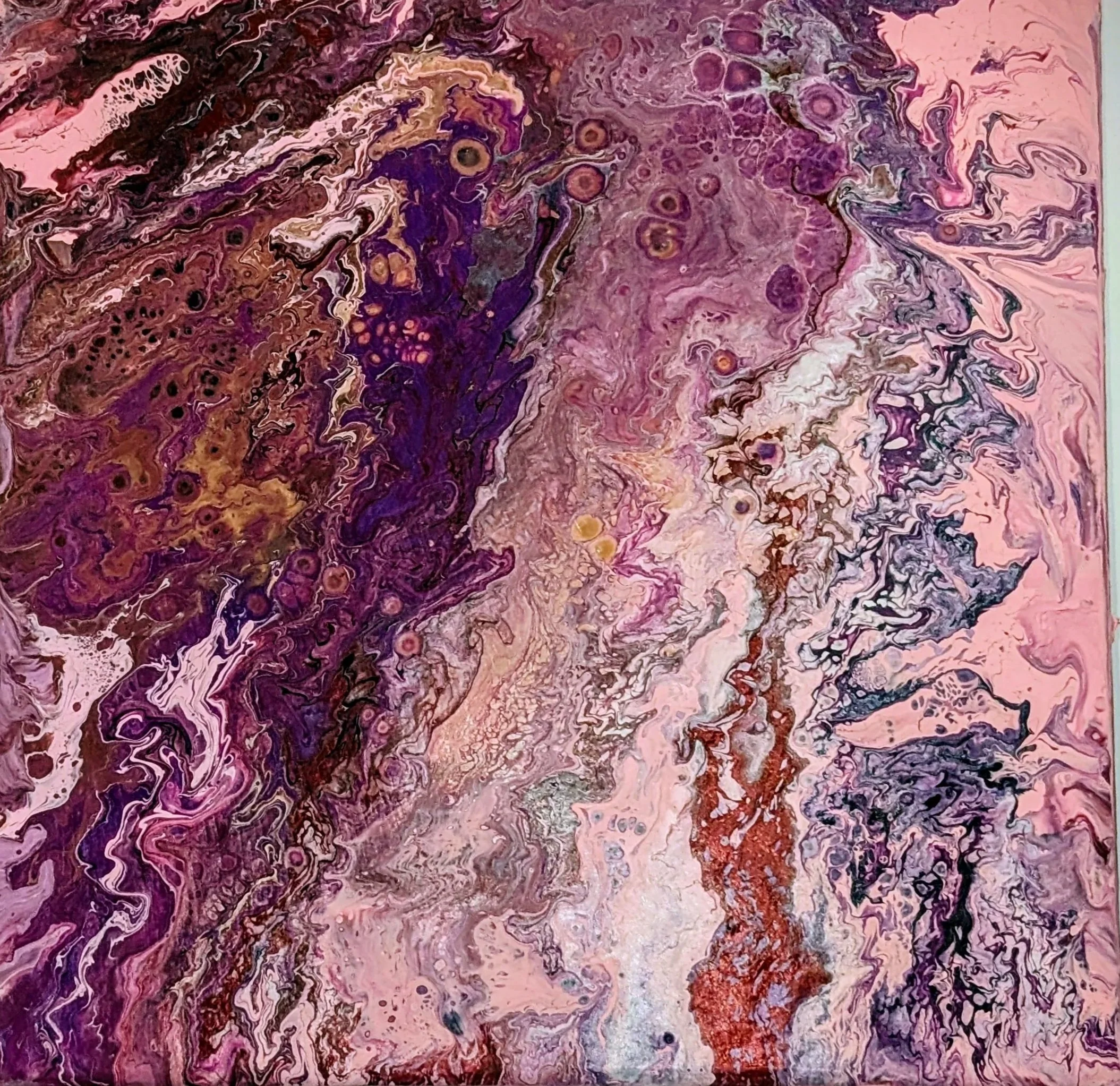 Abstract painting with swirls of pink, purple, brown, black, and hints of white and red.