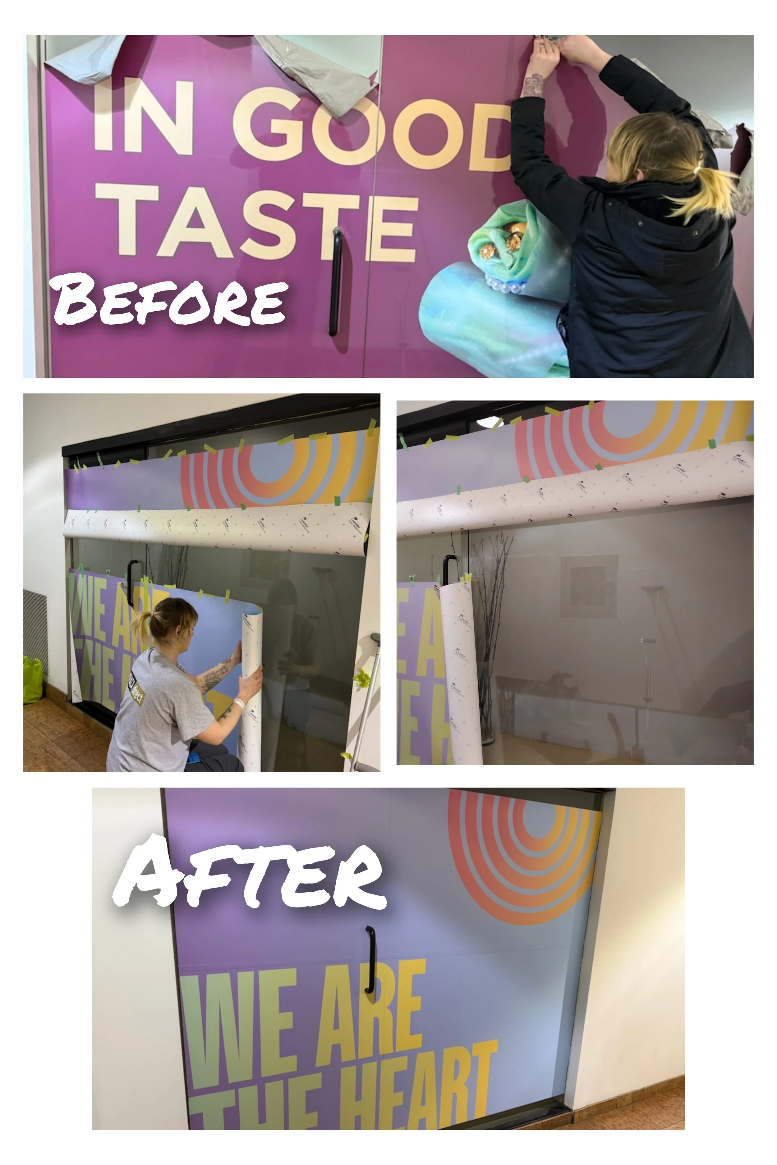 Sequence of images showing the process of applying a large decorative film decal to a door. The first image shows a woman peeling off the backing paper from the decal, revealing the adhesive side. The second and third images show her carefully aligni