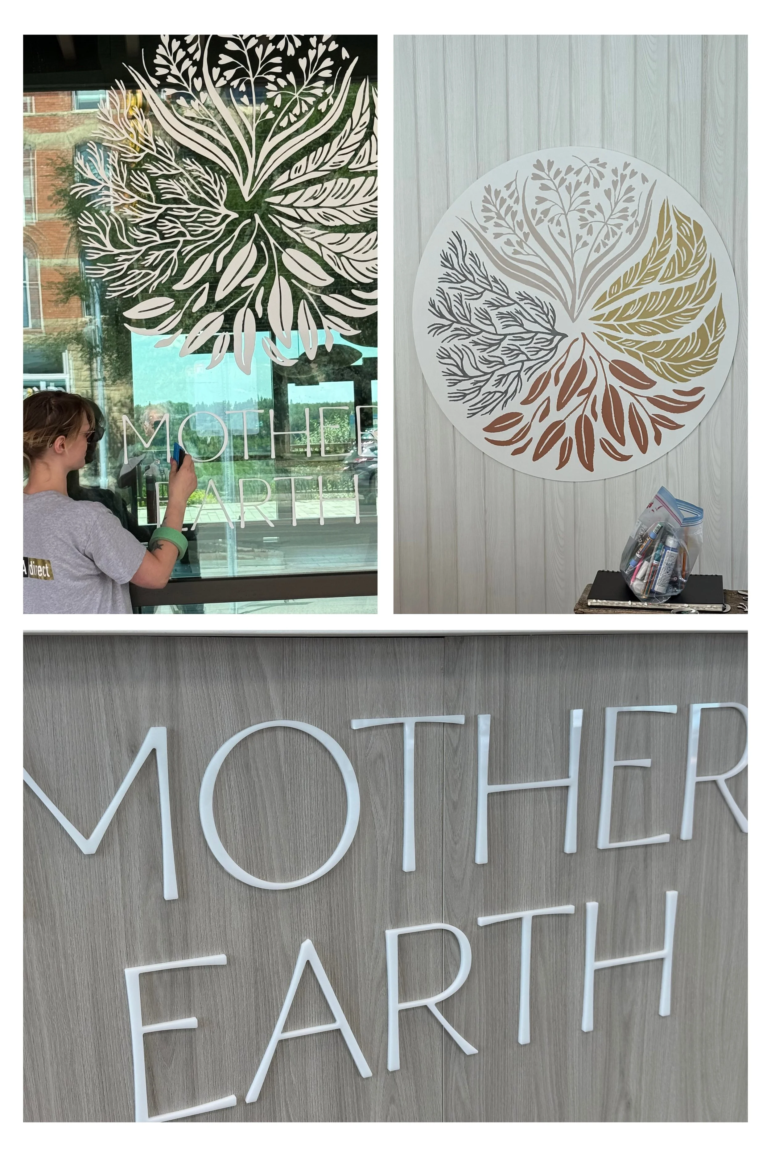 Close-up of a large round wall art piece with a stylized leaf design in shades of gold, brown, gray, and black hanging on a light wood-paneled wall.