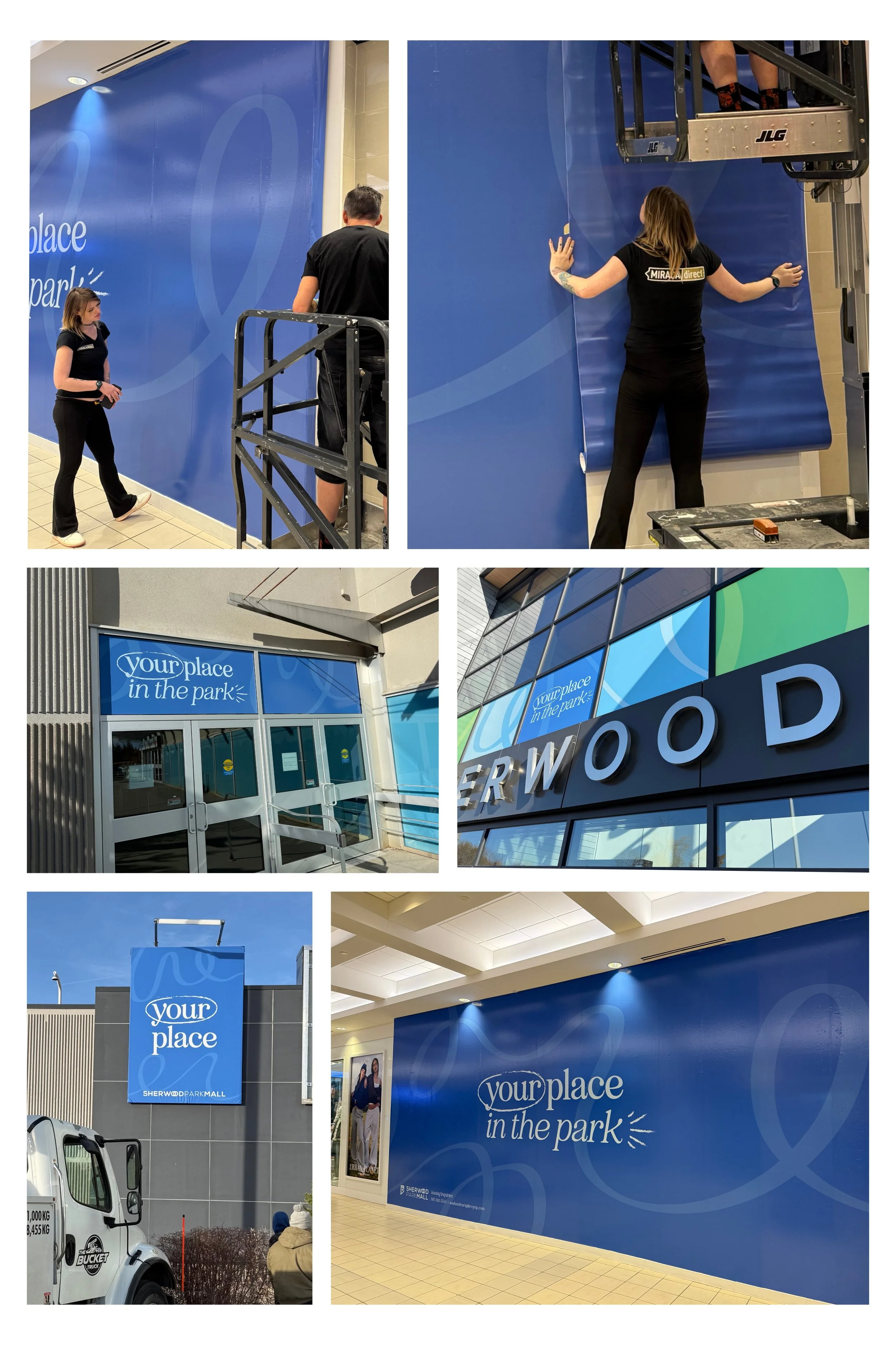 Photos of a shopping mall with blue branding, showing signage, building entrances, and employees installing or maintaining the blue panels and signs.