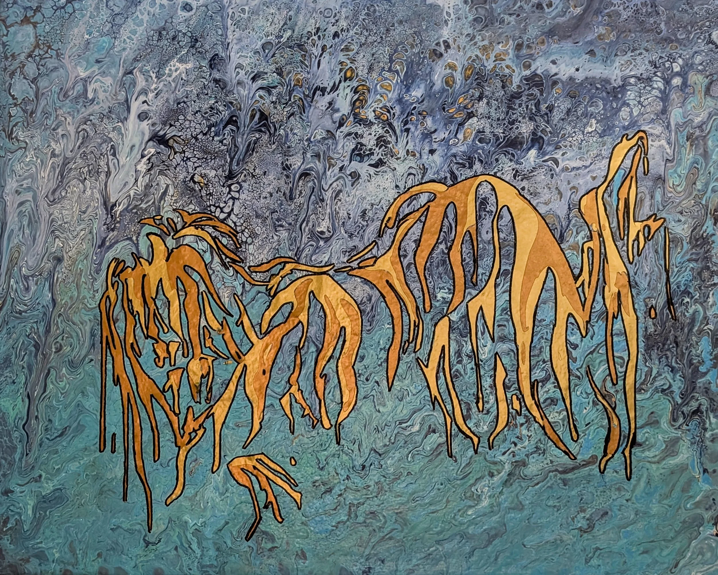 Abstract painting with a background of swirling blue, gray, and black colors, featuring orange outline shapes resembling tree branches or roots.