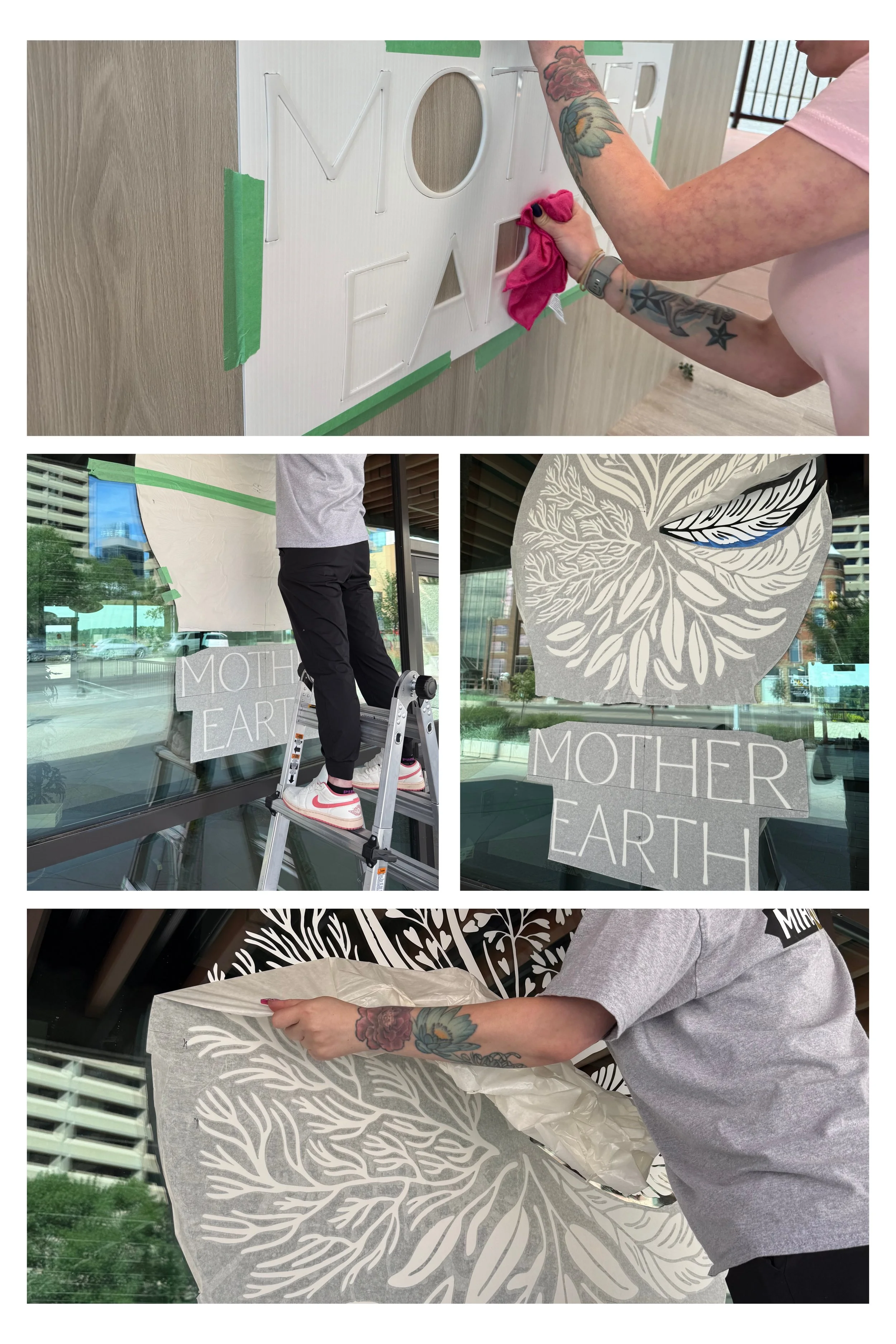 A collage of four images showing people creating a window display with the words 'Mother Earth' and nature-themed artwork, including a face with leaves and a leaf-shaped design.