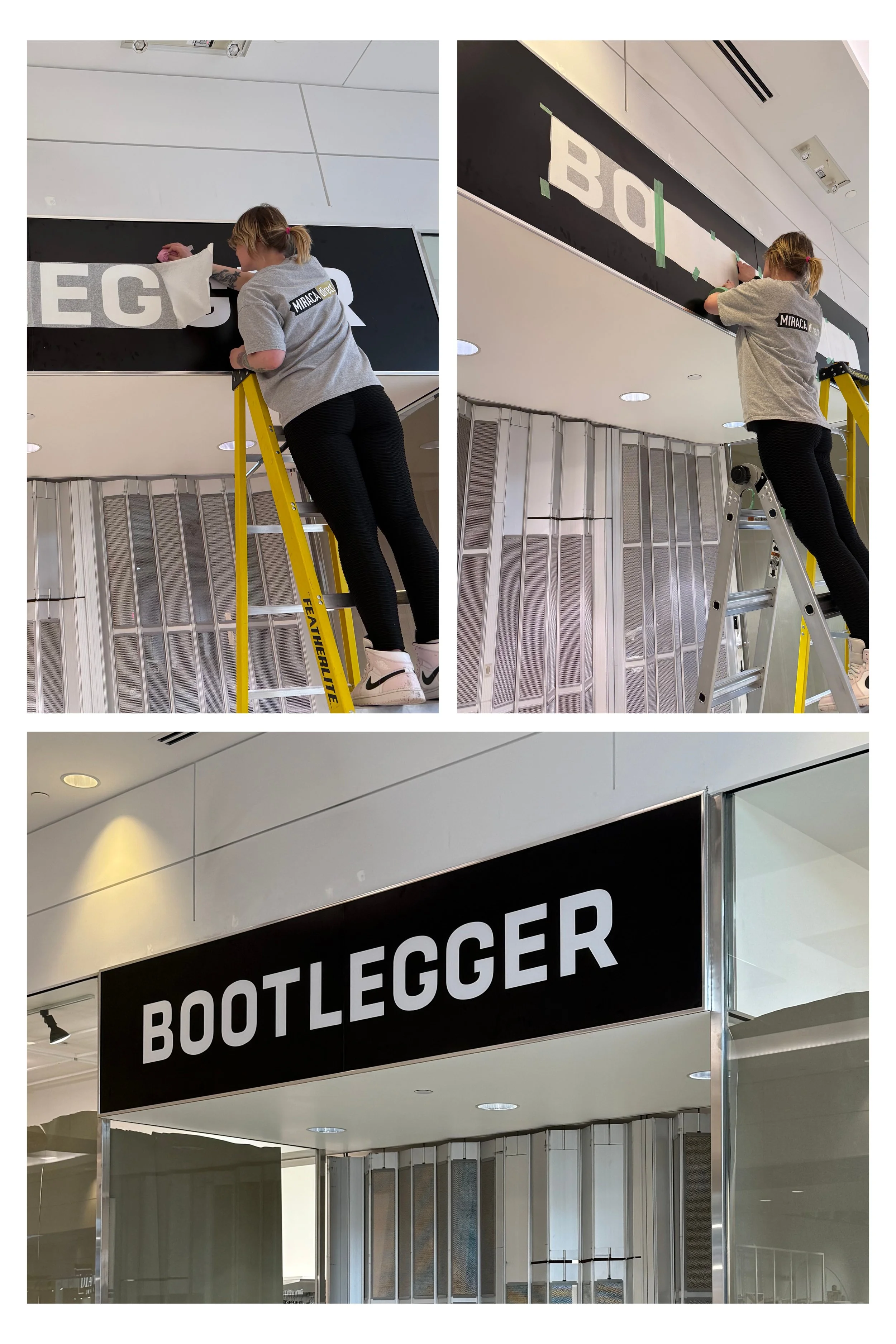 A woman on a ladder working on a black and white sign that reads 'BOOTLEGGER', with the bottom image showing the completed sign outside a building.