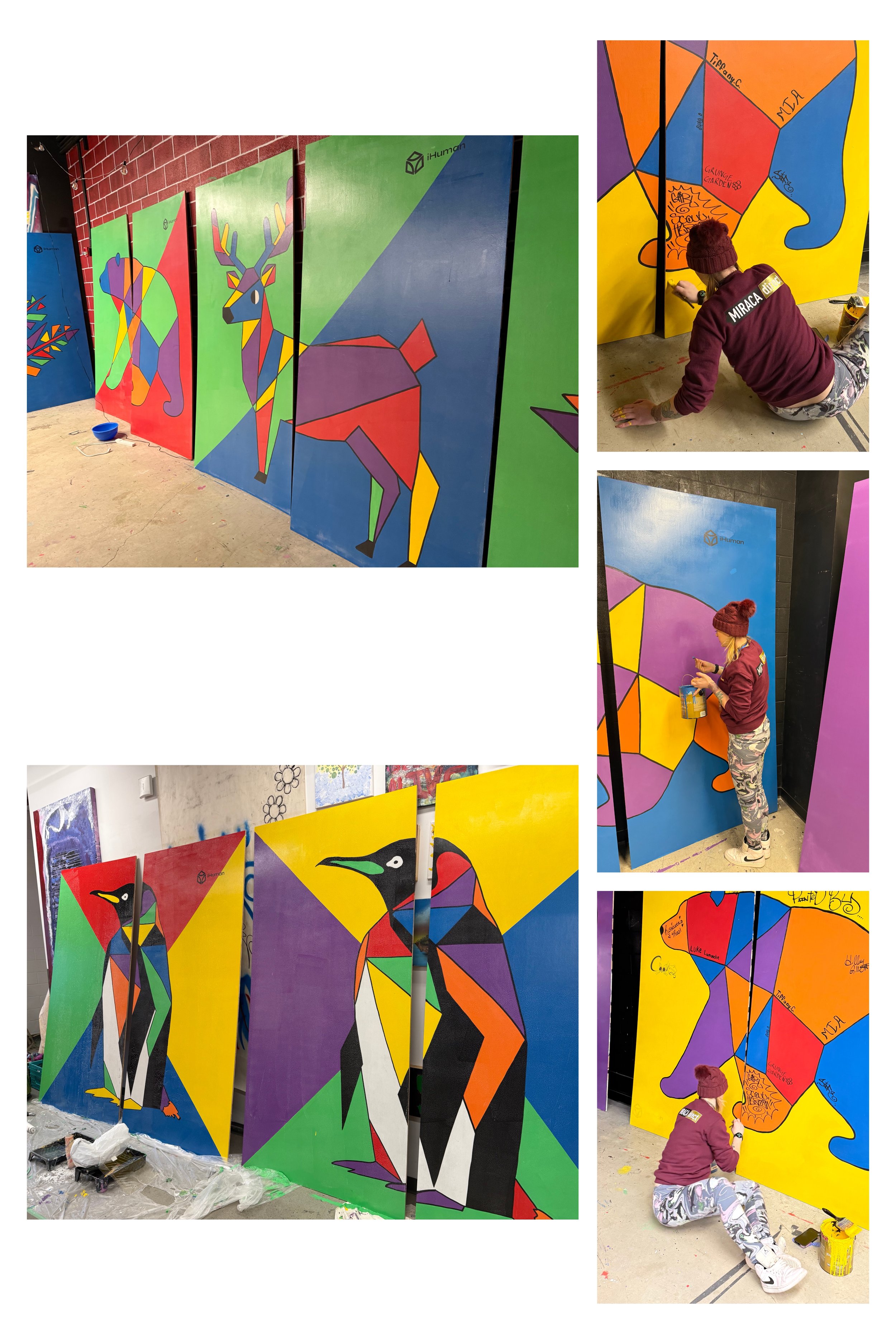 Colorful abstract animal murals in progress, including a deer, a penguin, and an elephant, painted on large panels by artists working on-site.