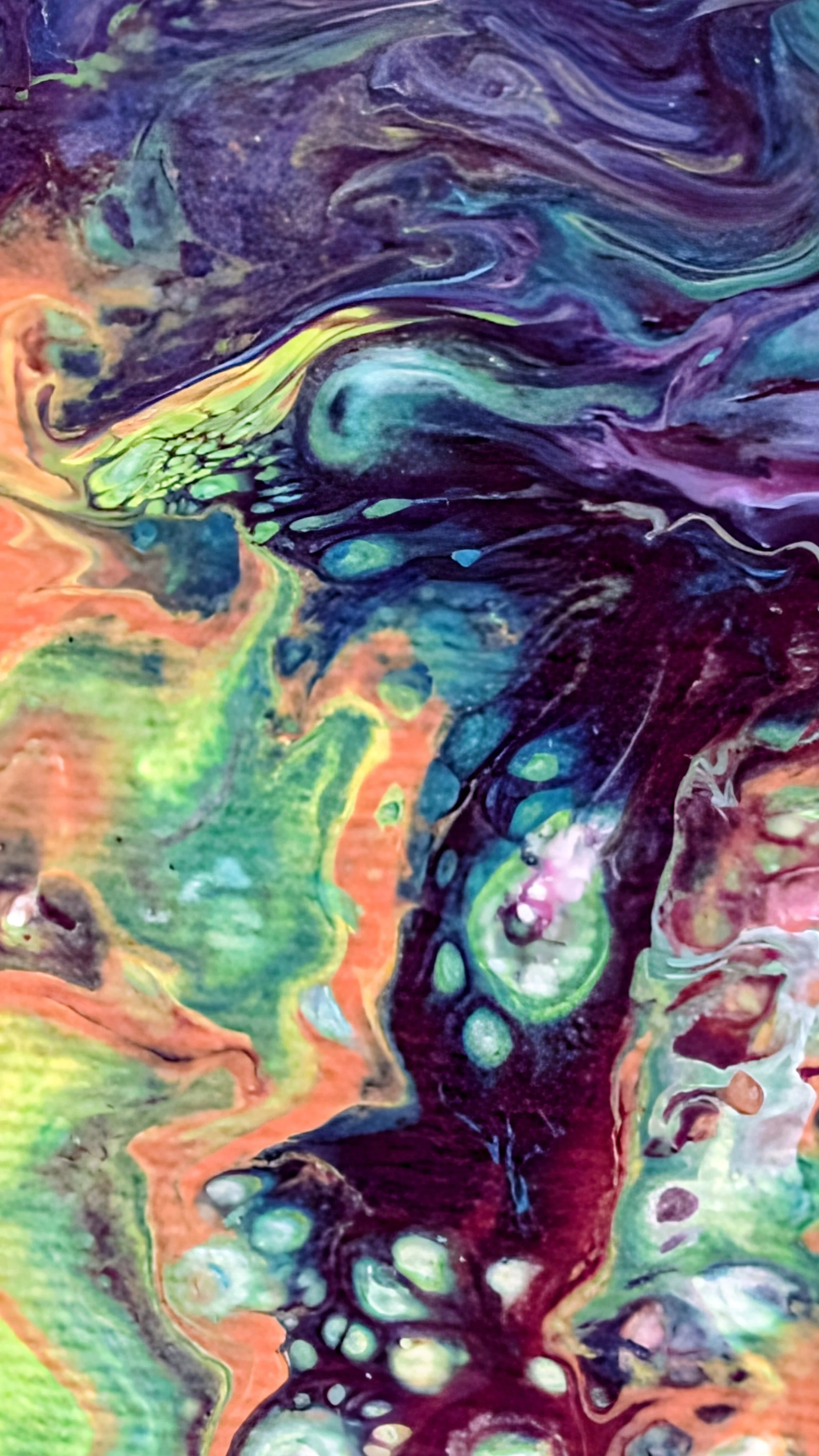 Colorful abstract painting with swirling patterns of purple, green, blue, orange, and pink hues.