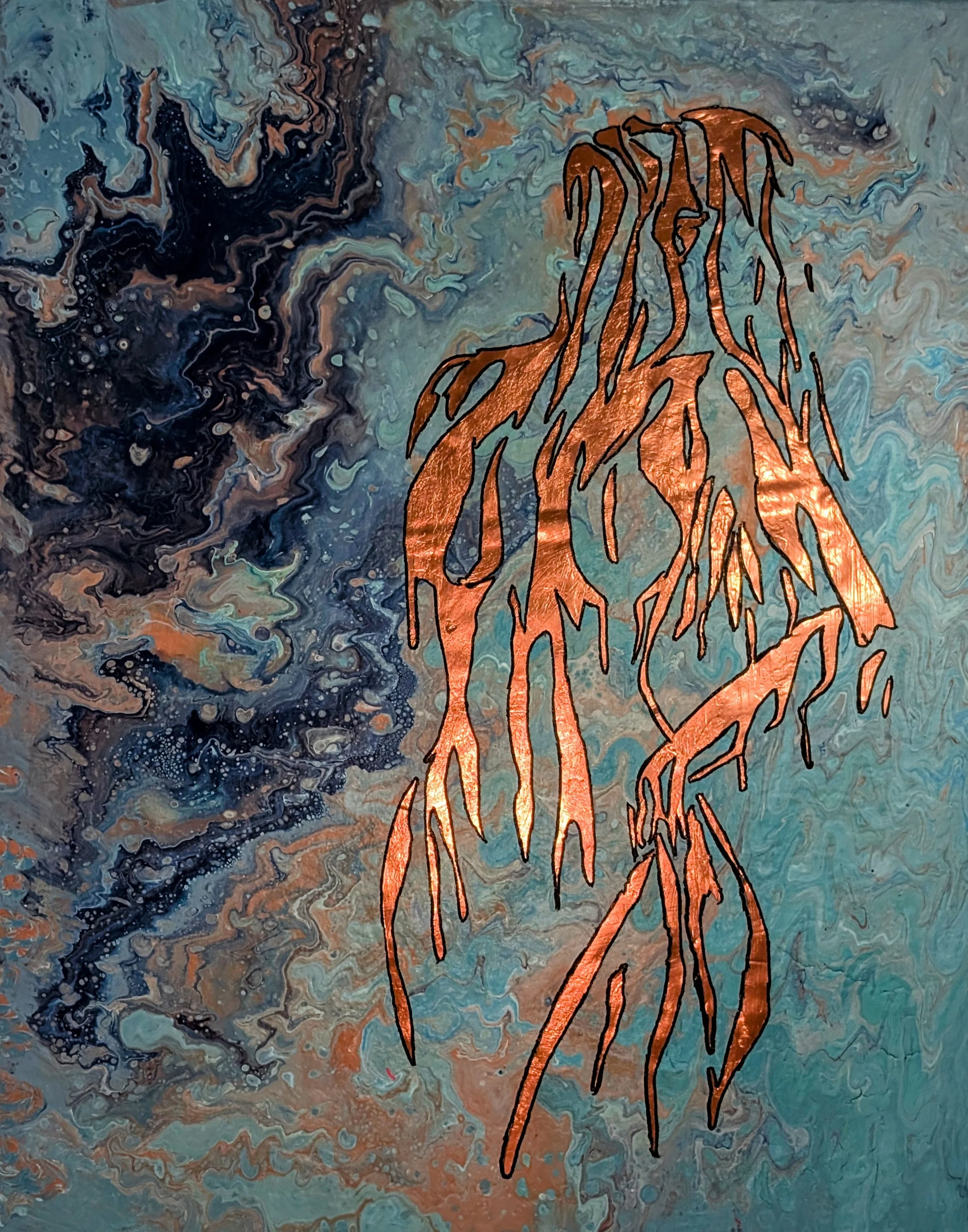 Abstract artwork featuring swirling marbled patterns in shades of blue, teal, black, and copper. Copper-colored, jagged, and elongated shapes resembling abstract leaves or flames overlay the background.