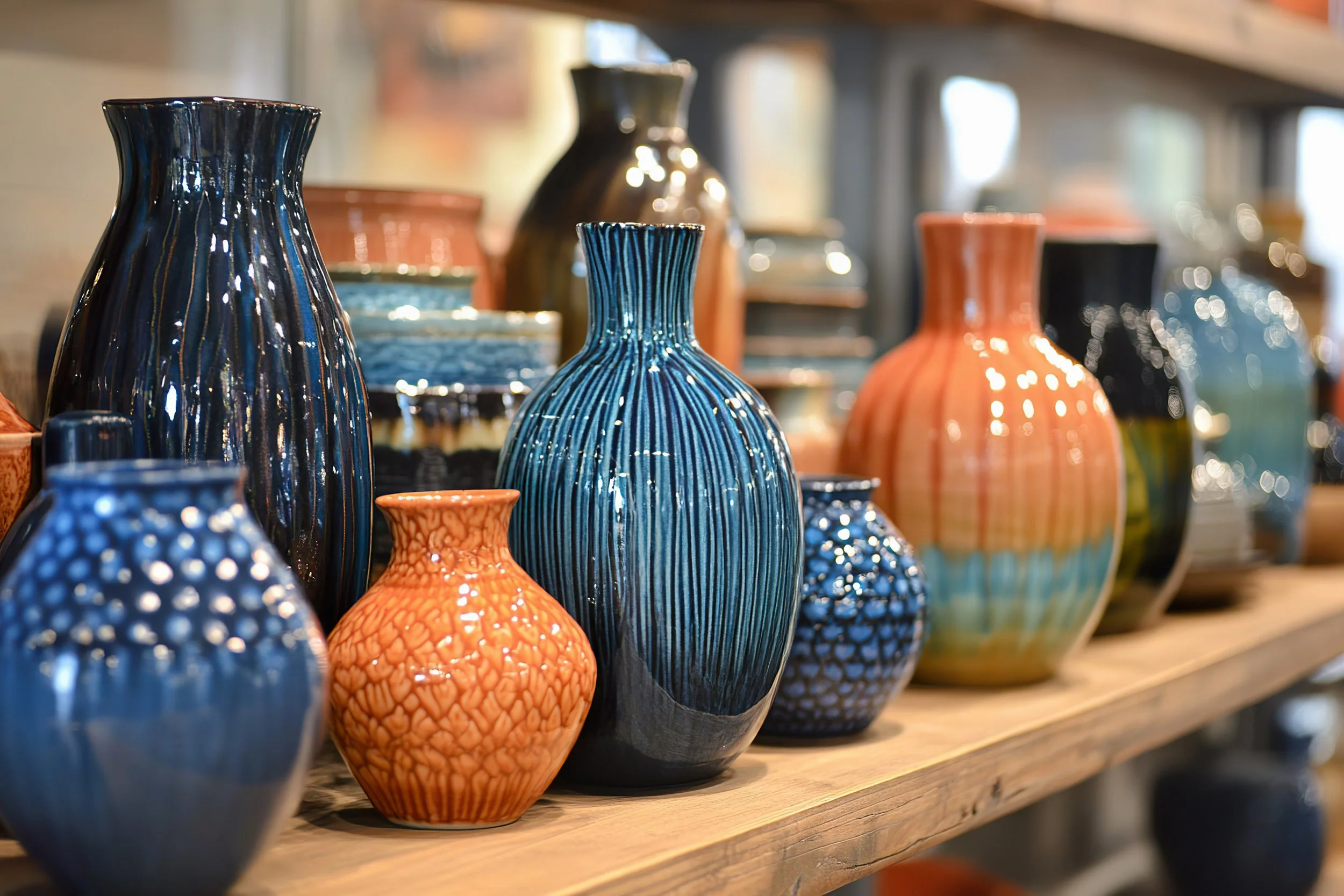 Various ceramic vases in blue and orange