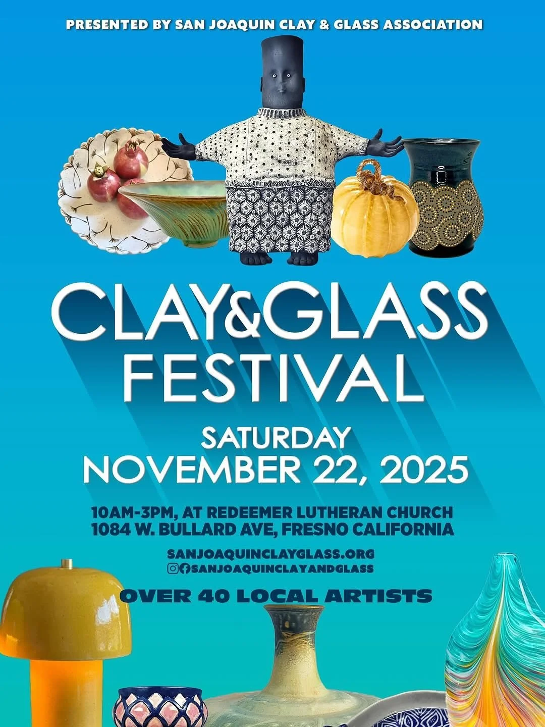 The sun will be out Saturday, November 22, just in time for the Fresno clay &amp; glass festival at 1084 W Bullard - 10am - 3pm! Come out and collect some hand made original treasures from over 40 local artists just in time for giving season. I&rsquo