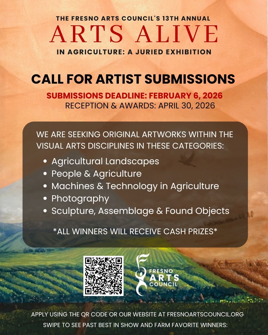 Calling Fresno 3D artists! Deadline approaching, get your entry in!

Repost from @fresnoartscouncil

Submissions for our 13th Annual Arts Alive in Agriculture close this Friday, February 6, at 11:59 PM on Submittable ❗ Visit the link in our bio to su