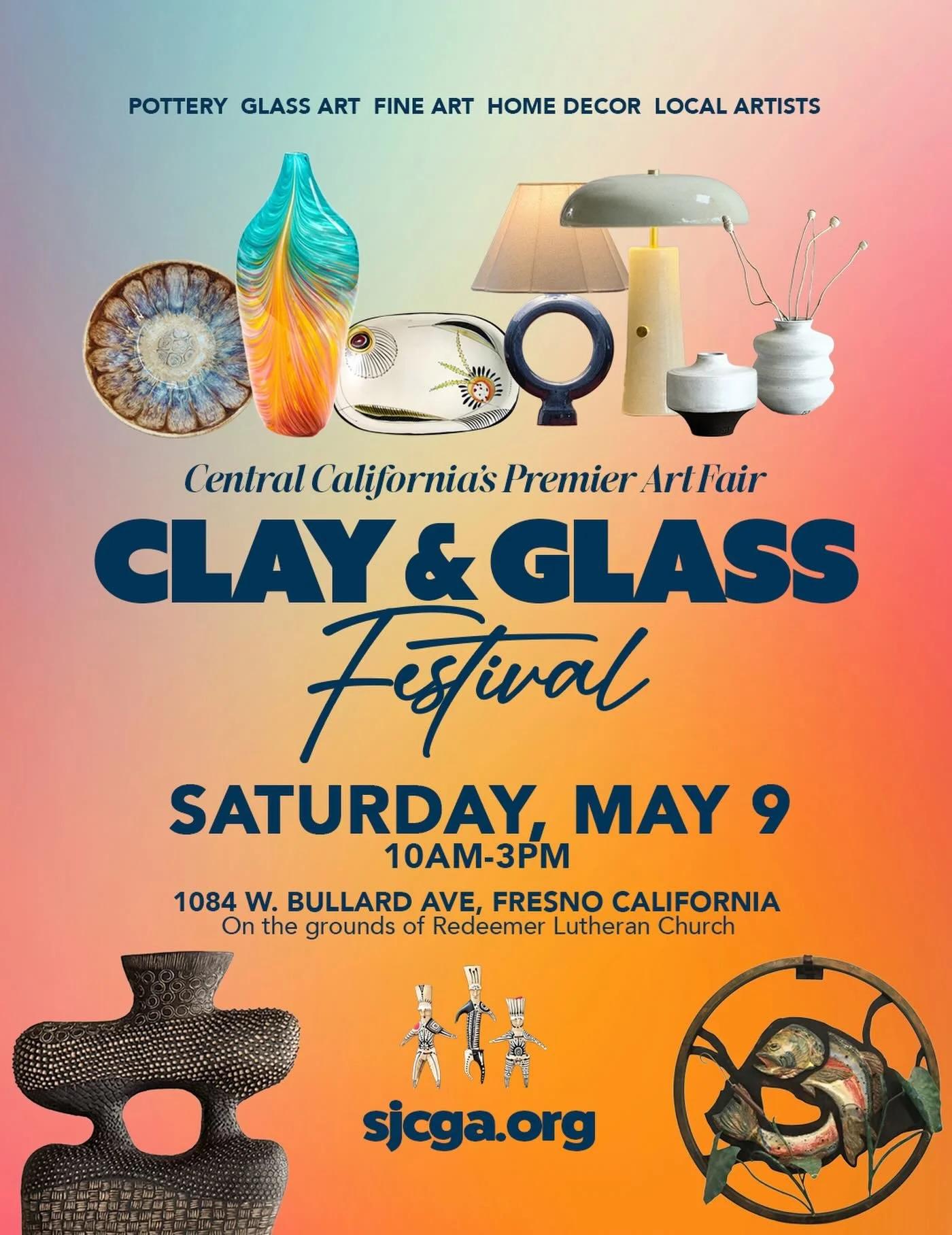 It&rsquo;s that time again! The SJCGA Spring Clay &amp; Glass Festival bringing together Central Valley&rsquo;s most talented ceramic and glass artists.
Saturday, May 9
10 AM &ndash; 3 PM
📍 Redeemer Lutheran Church, 1084 W Bullard Ave, In Fresno, CA