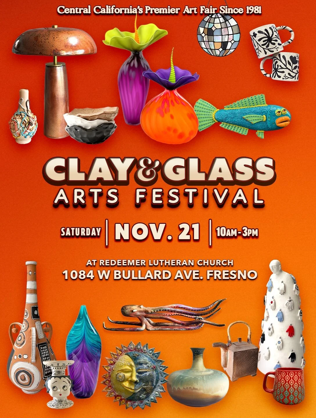 GET READY, FRESNO!  The Fall Clay &amp; Glass Festival is BACK on Saturday, November 21, and it&rsquo;s going to be our BIGGEST festival ever, with over 50 local artists and makers!
Discover beautiful handmade pottery, stunning glass art, unique jewe