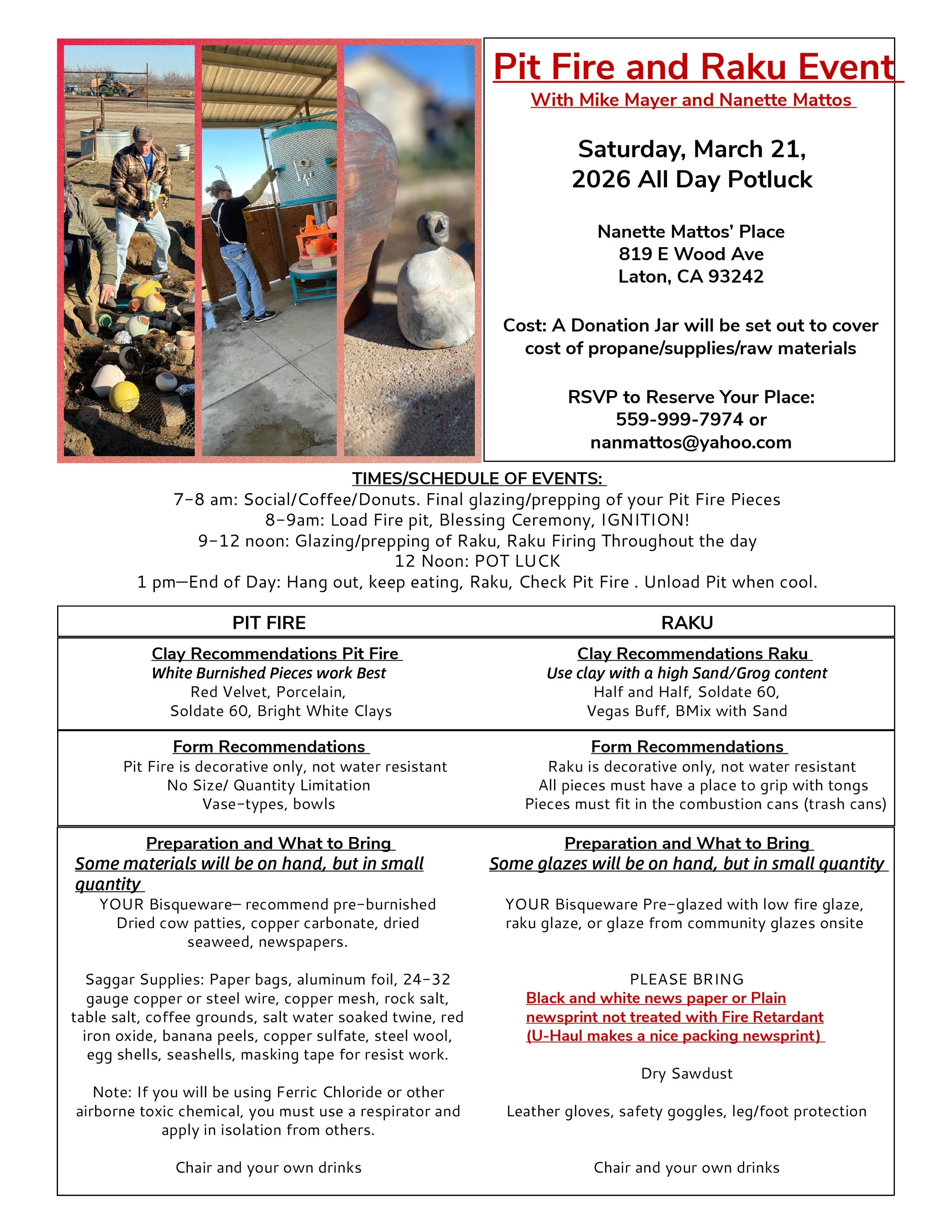 Flyer for the Pit Fire and Raku event hosted by Mike Mayer and Nanette Mattos, scheduled for Saturday, March 21, 2026, with images of people preparing for a fire event and clay pottery.