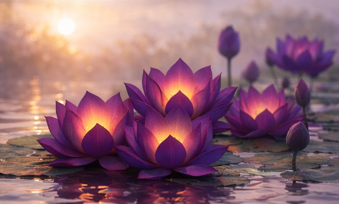 Several lotus flowers on lily pads with new flowers coming behind