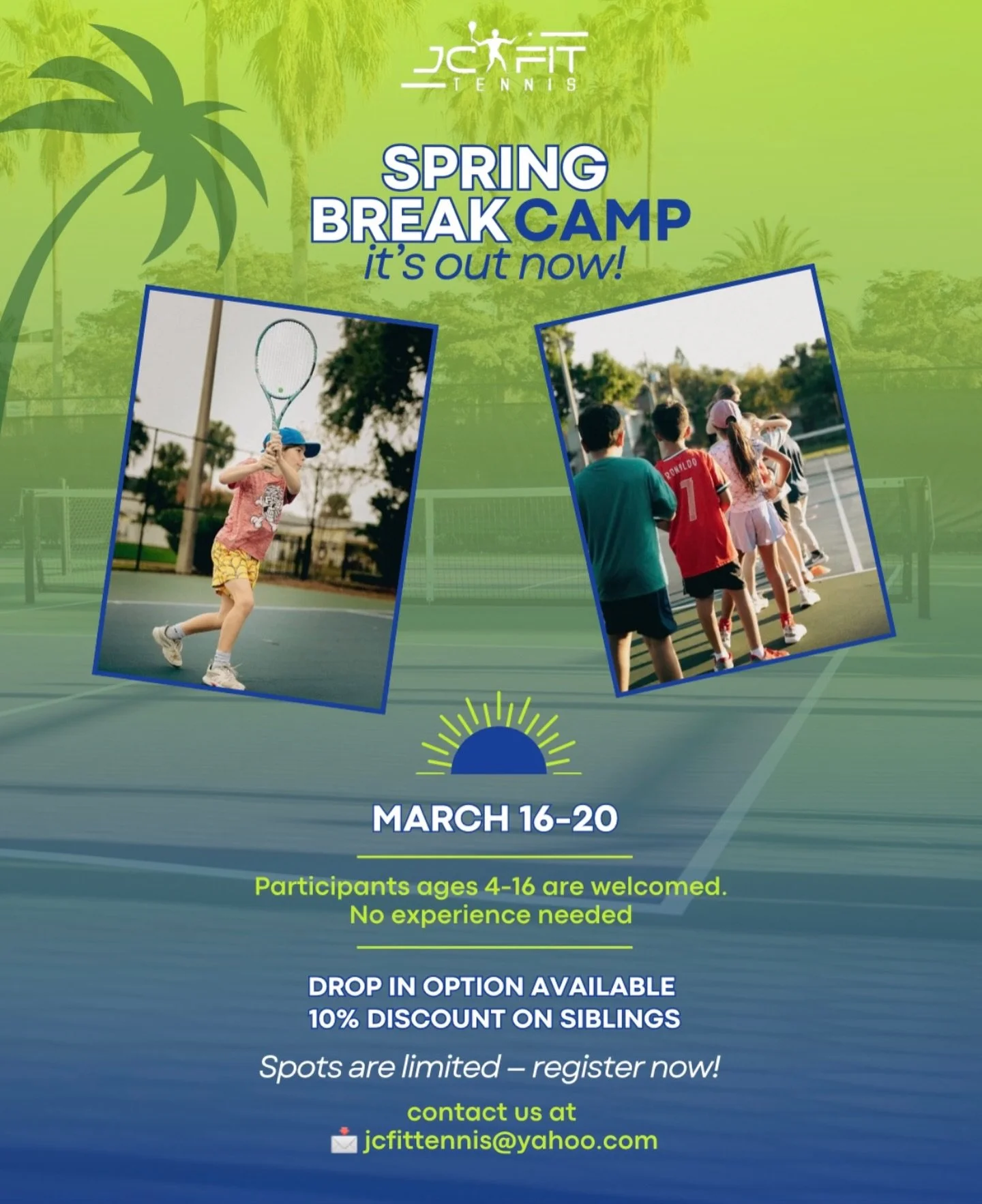 Spring Break just got active! 🎾☀️

We&rsquo;re excited to be running our JC Fit Tennis Spring Break Camp from March 16th to March 20th &mdash; the perfect opportunity for kids to stay active, improve their game, and have tons of fun on the court dur