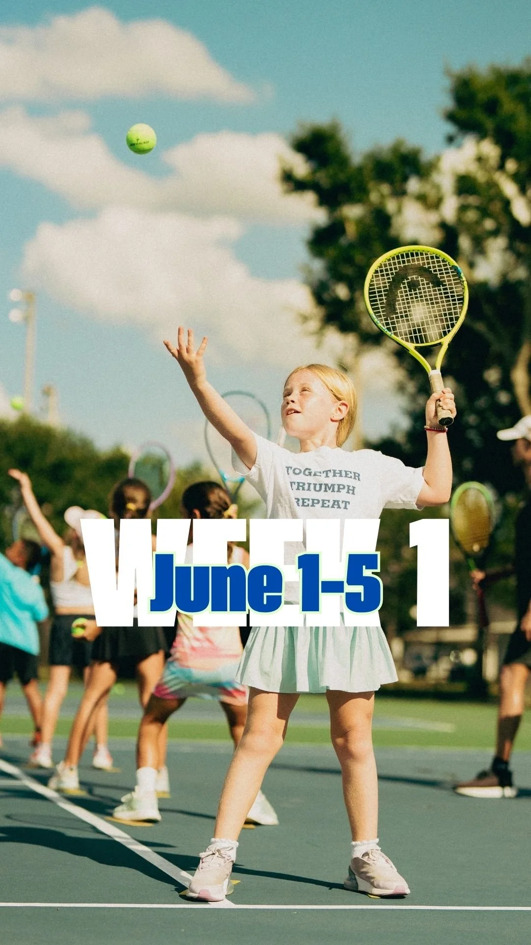 Young girl playing tennis on an outdoor court during a group activity or event, with others in the background. Text overlay indicates June 1-5 and the year 2023.
