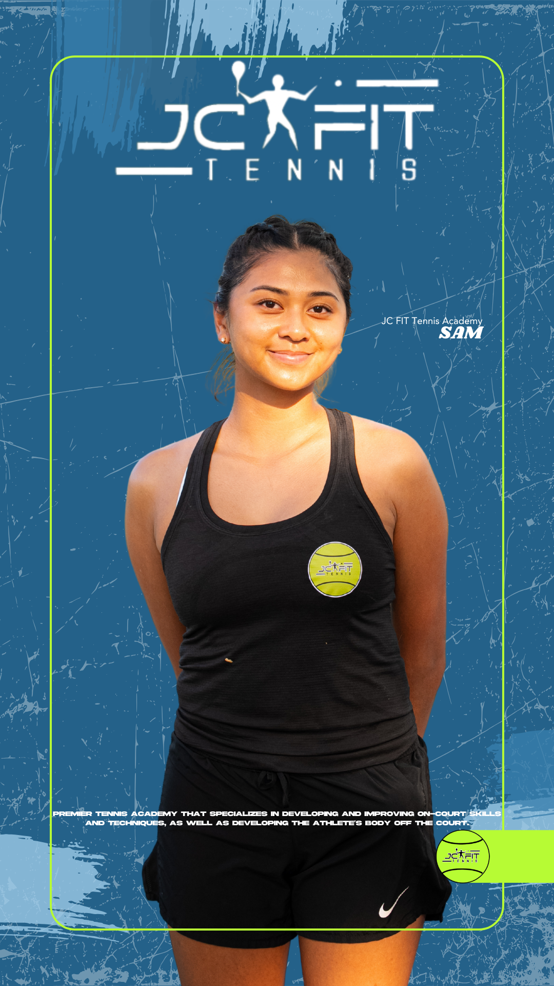 A young female tennis player standing outdoors in front of a blue textured background with JCFIT Tennis branding, smiling at the camera.