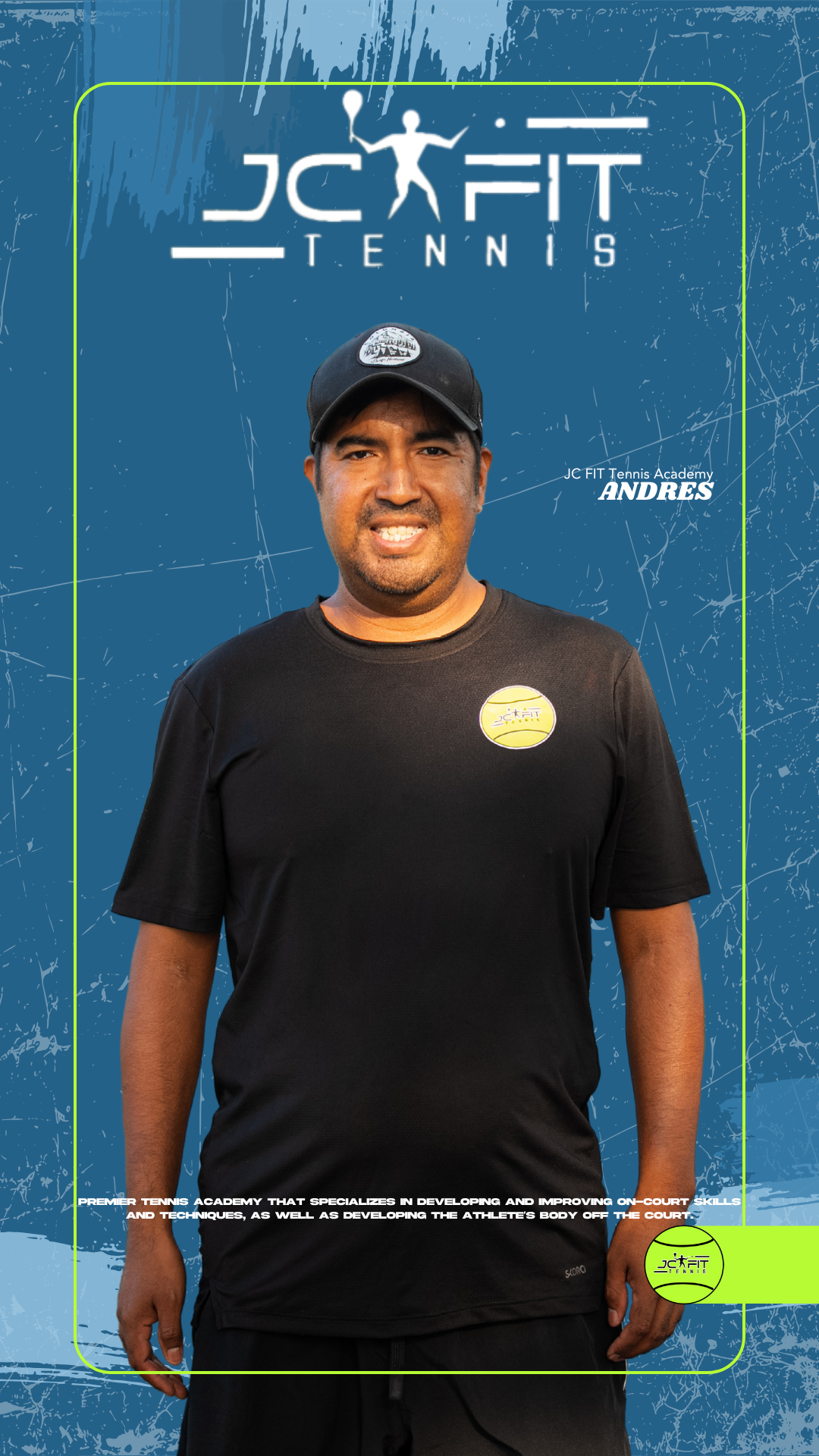 Man in black t-shirt and baseball cap standing in front of blue background with text "JCFIT Tennis" and tennis logo, promoting JCFIT Tennis Academy.