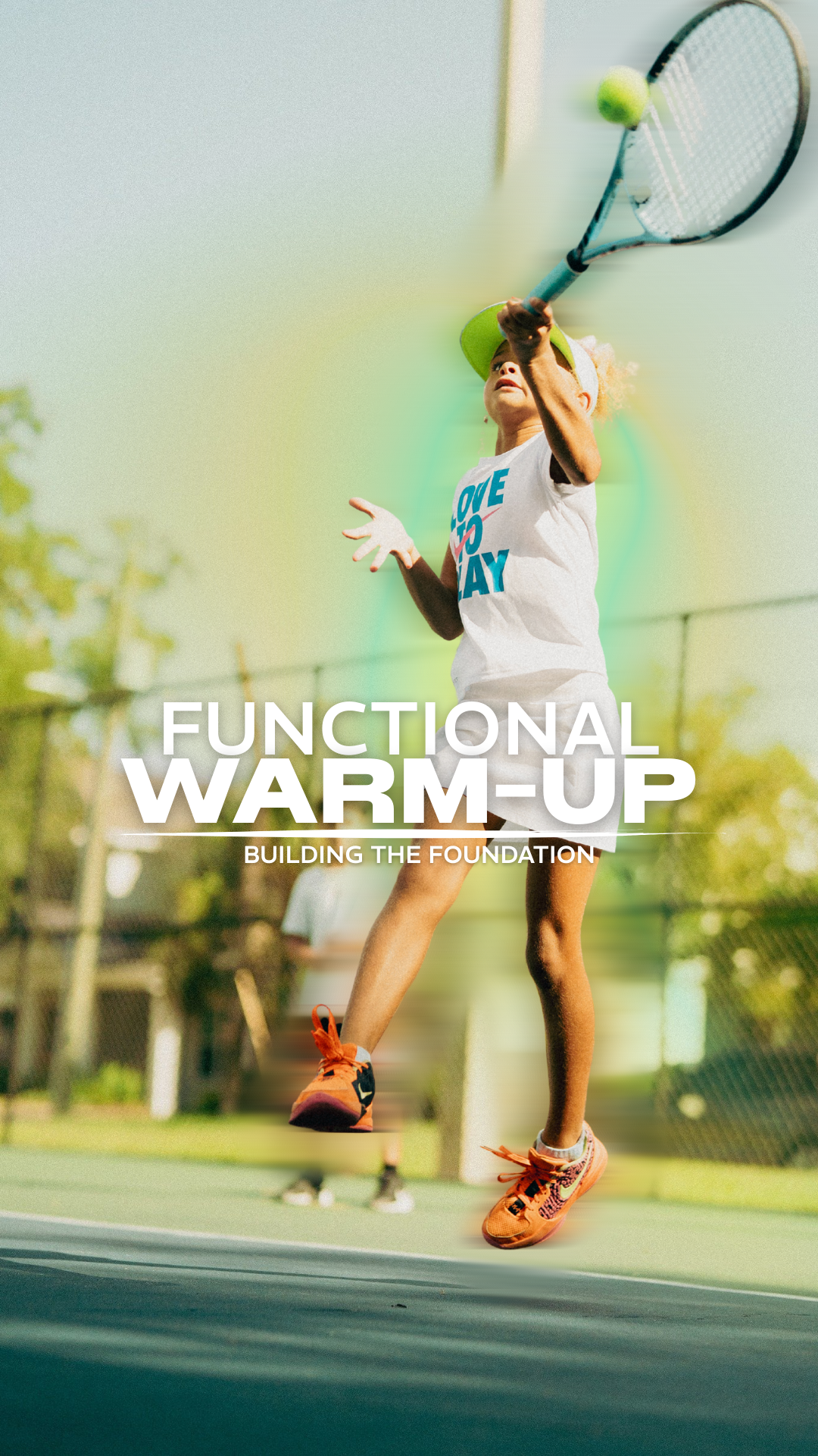 A person playing tennis on an outdoor court, preparing to hit a tennis ball with a racquet, wearing a white shirt, orange shoes, and a green cap, with trees and a fence in the background.