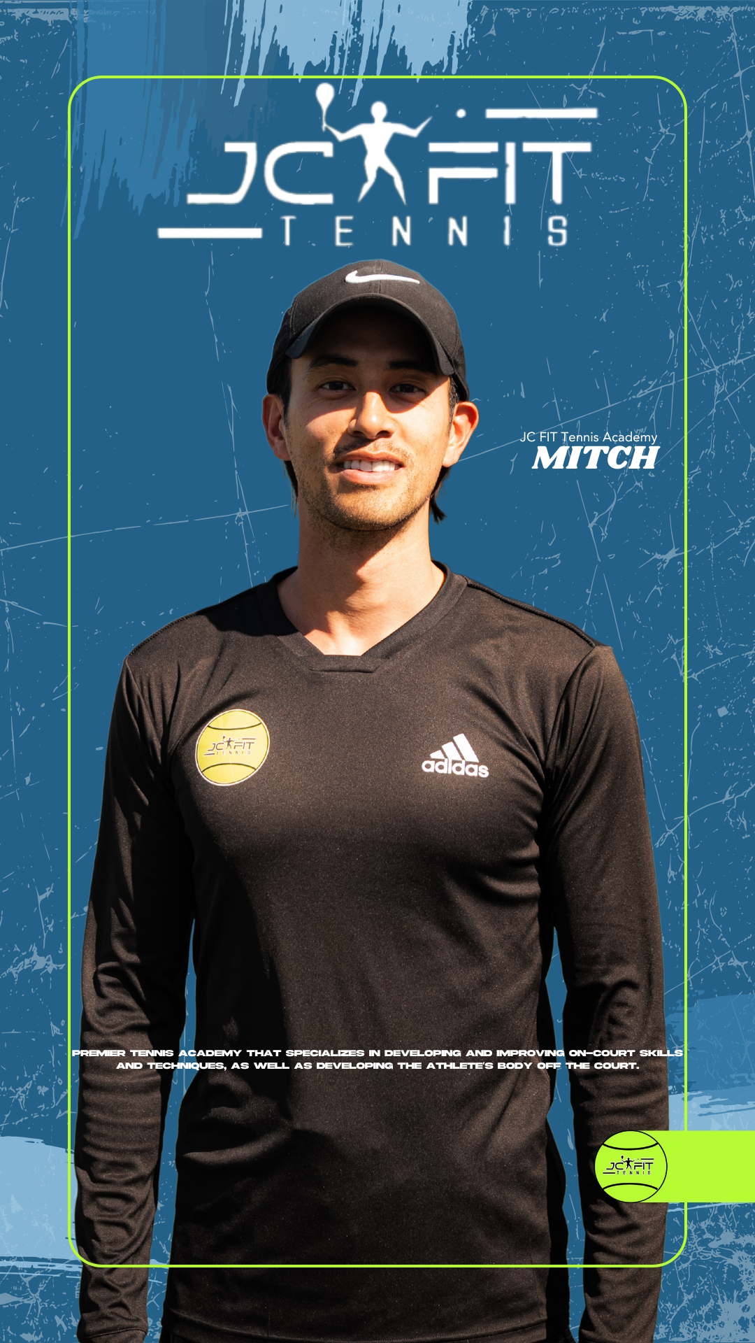 A young man wearing a black Adidas athletic shirt and a black cap, standing outdoors with shadows cast on his face. The background features a blue textured design with the JC Fit Tennis logo and the name Mitch, promoting JC Fit Tennis Academy.