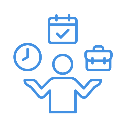 Icon of a person balancing a clock, a calendar with a checkmark, and a briefcase, representing time management or multitasking.