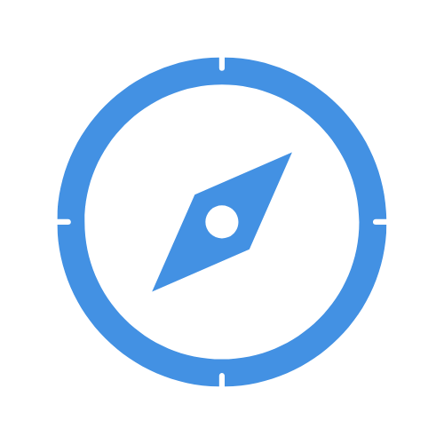 Blue compass icon with a circular border and a needle pointing northeast.