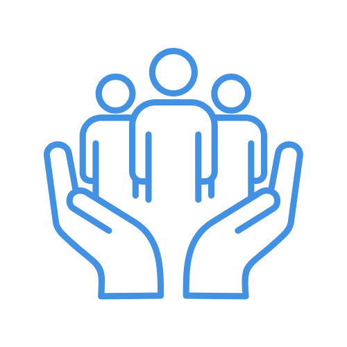 Outline of two hands holding three human figures, symbolizing support or care for people.