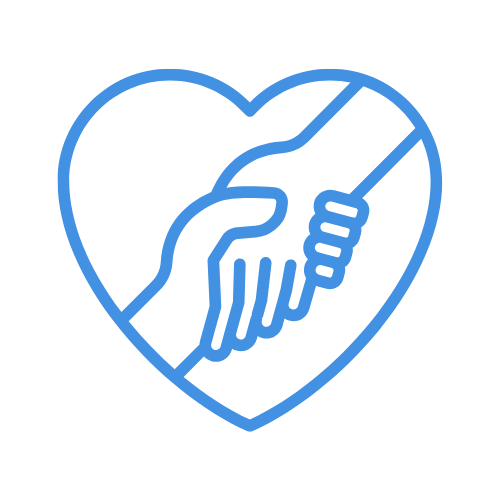 Outline drawing of two hands shaking inside a heart shape, representing care or support.