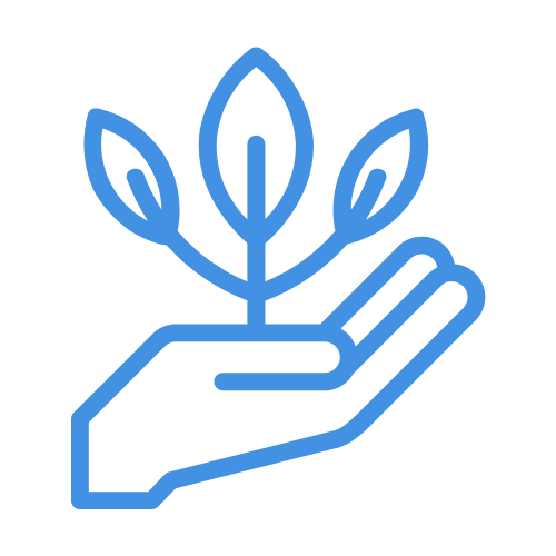 Line drawing of a hand holding a small plant with three leaves.