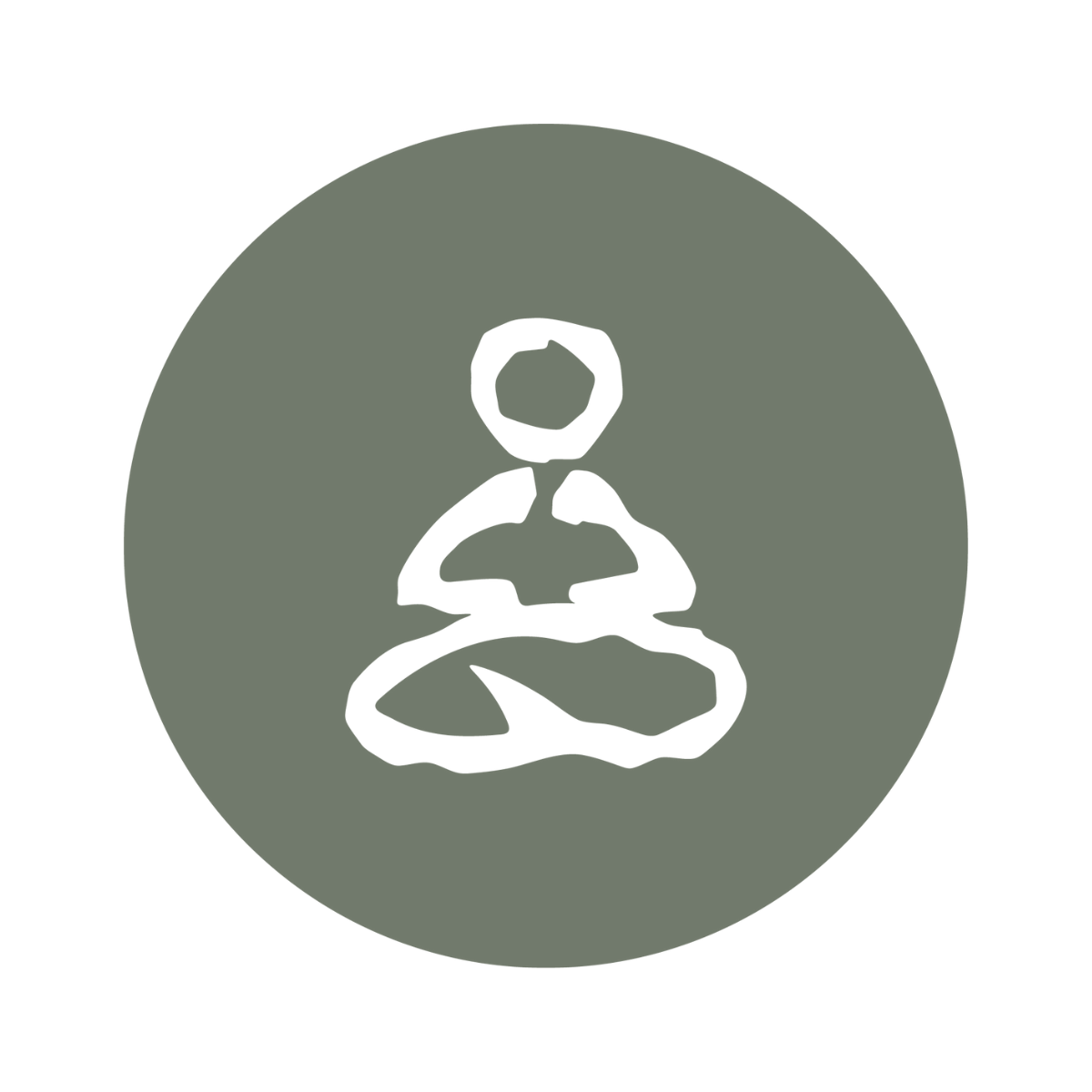 Minimalist illustration of a person meditating in a seated cross-legged position with hands resting on knees, inside a dark green circle.