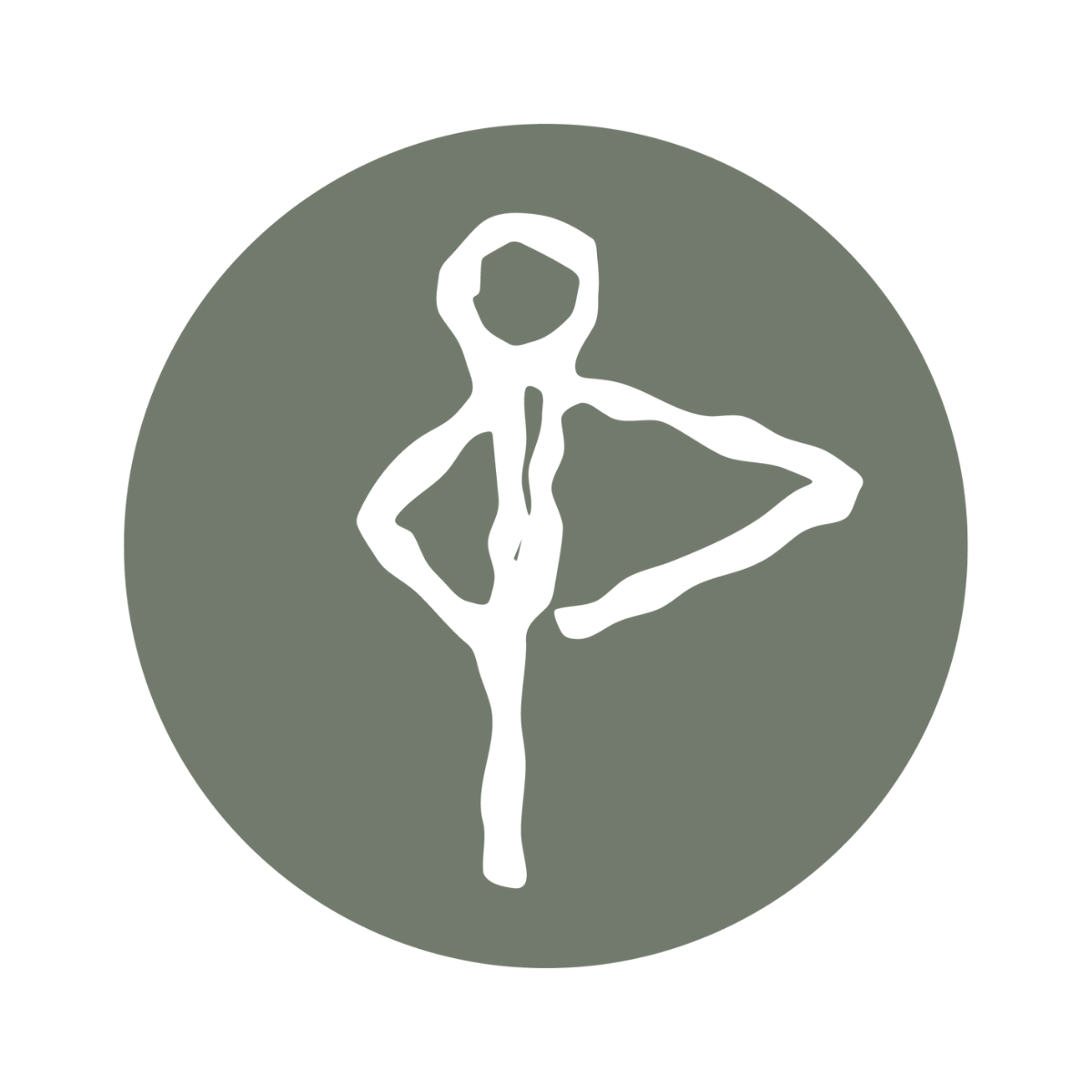 Simplified black outline of a person stretching with one hand on hip inside a dark green circle.