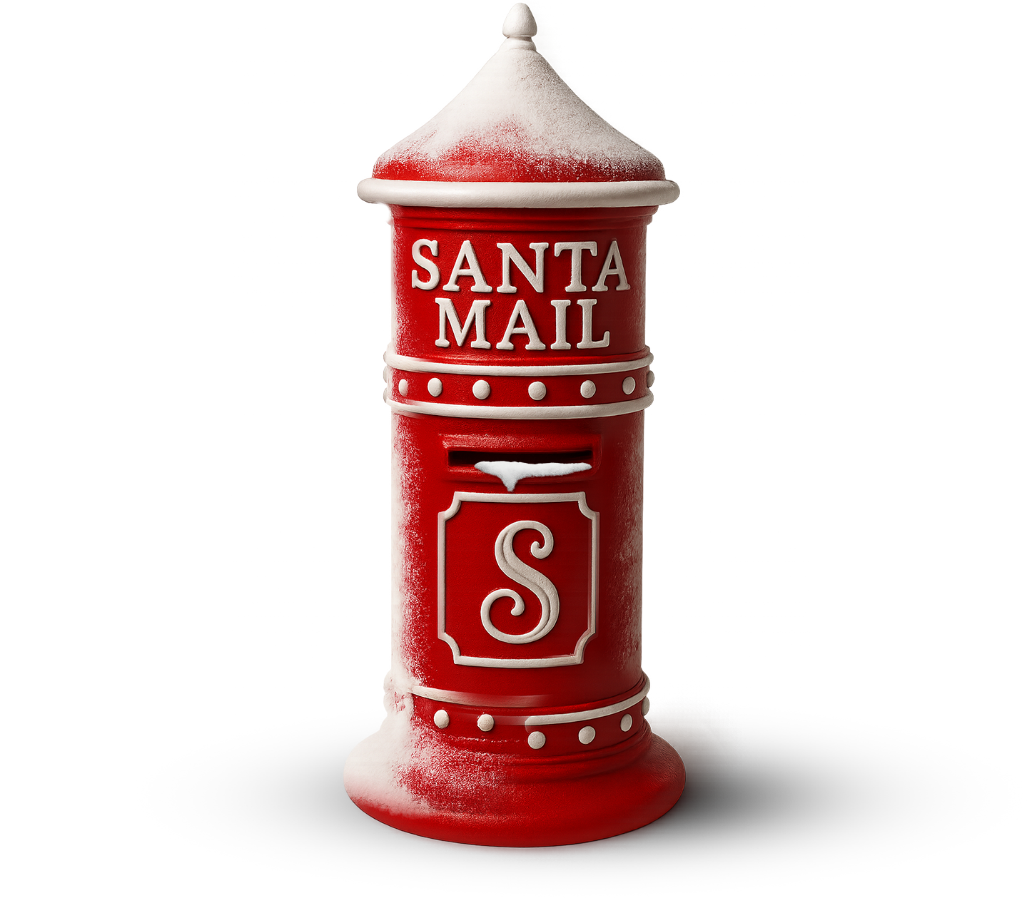 A red mailbox shaped like a traditional post box with snow on top. The mailbox has the words 'Santa Mail' and a stylized letter 'S' on it, indicating a holiday theme.