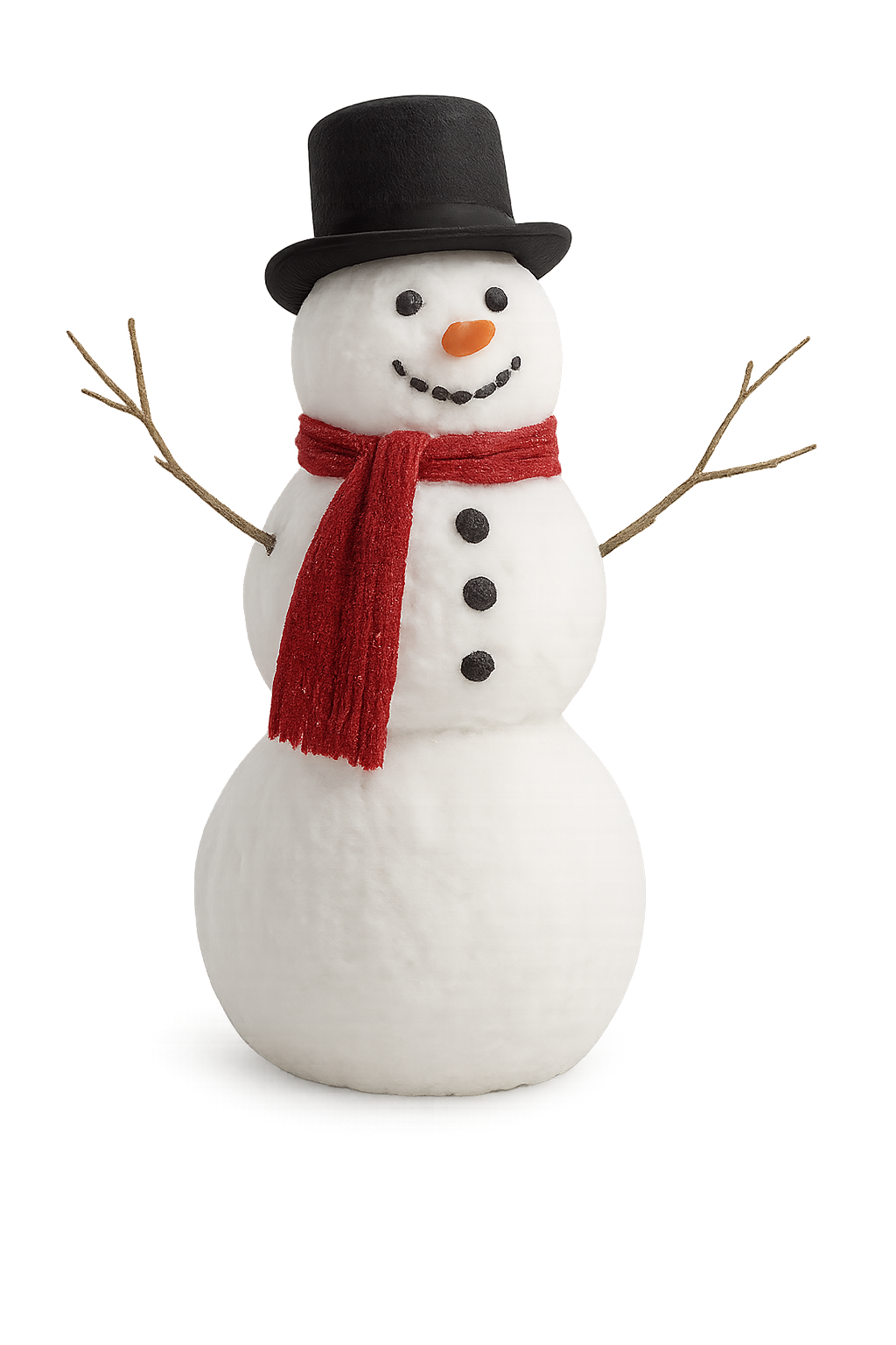 A snowman with a black top hat, a red scarf, black button eyes, and a carrot nose, standing with stick arms.